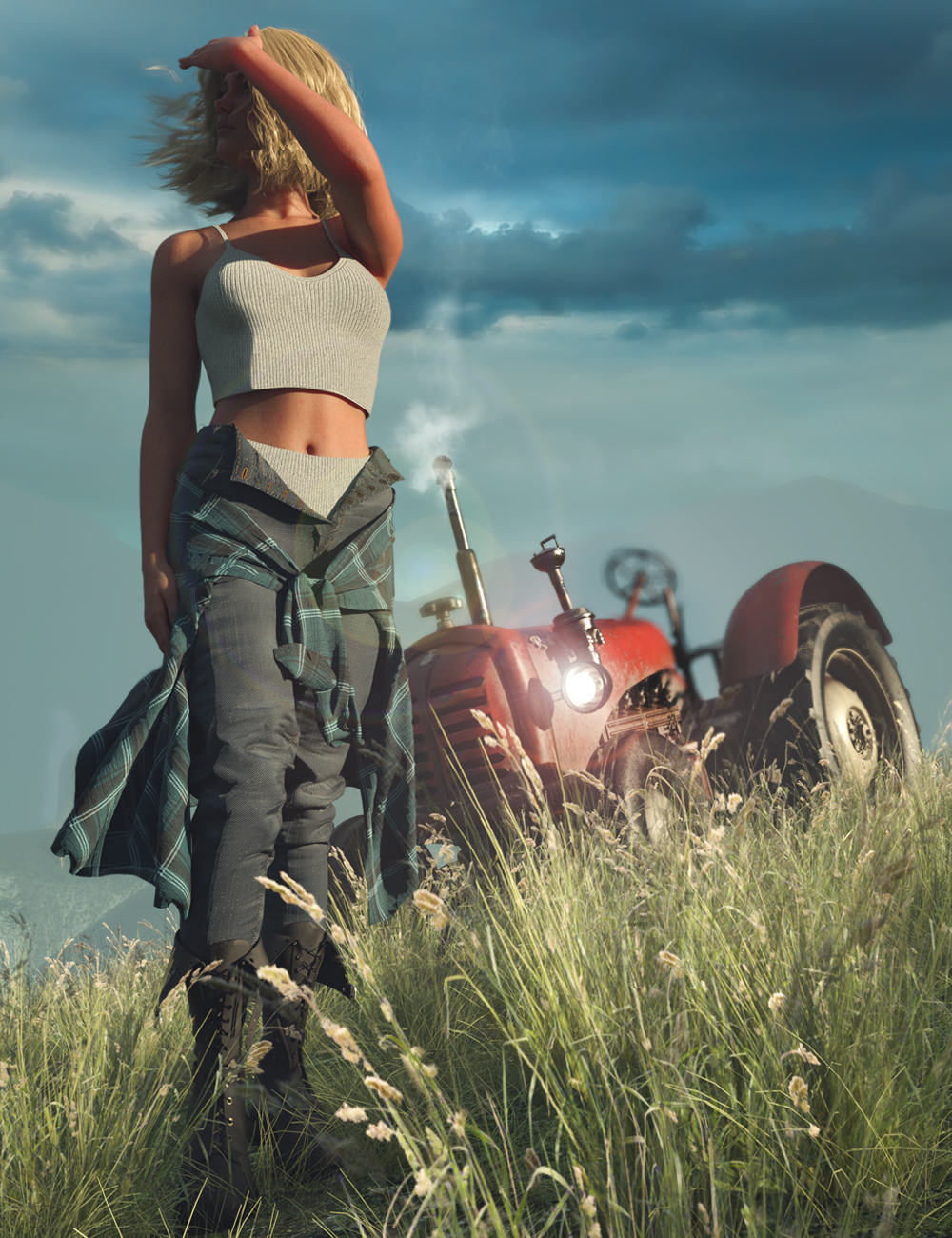 Fields of Memory Tractor and Clothing Set for Genesis 9 by: Ansiko, 3D Models by Daz 3D