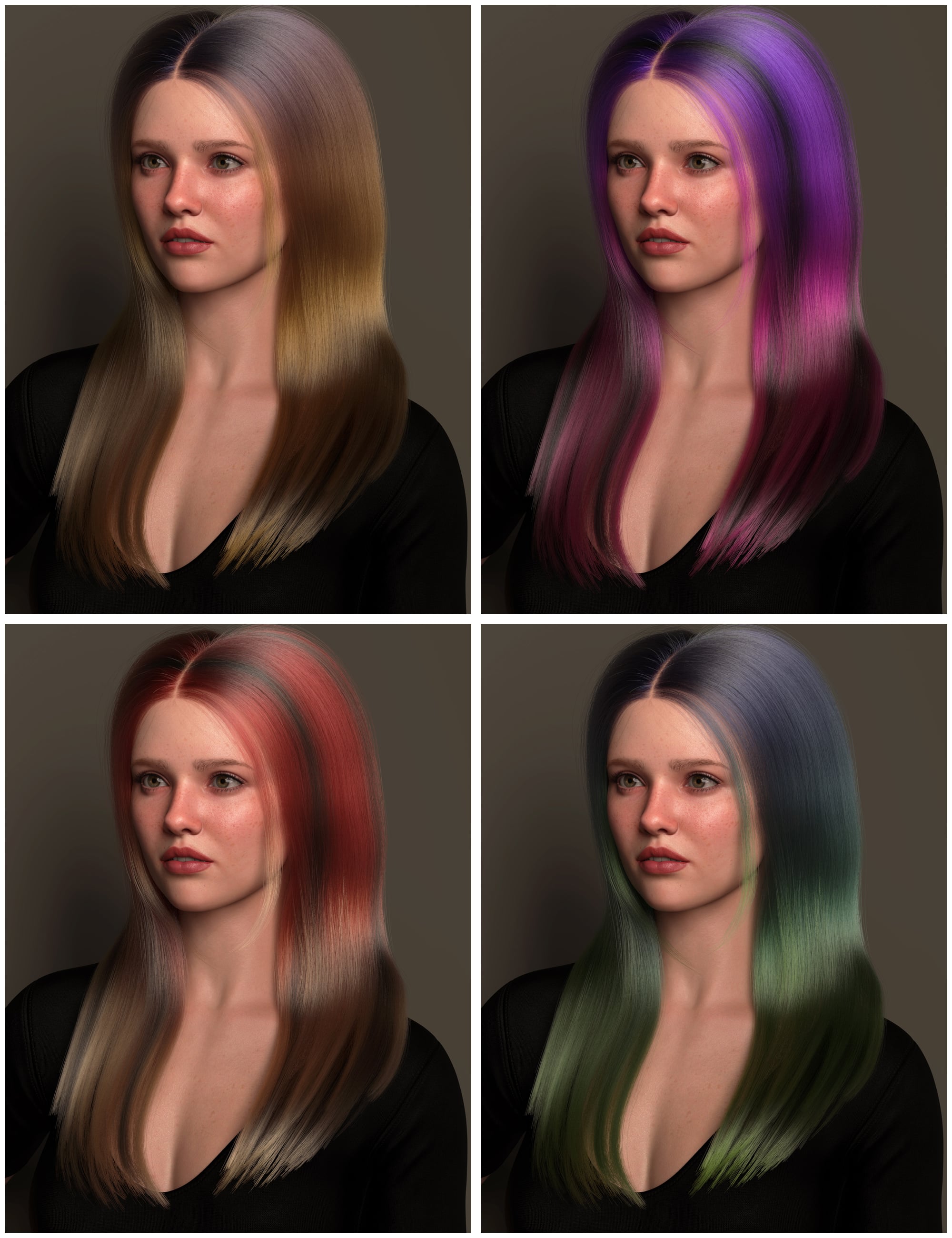 dForce Off-Center Parting Sleek Style Strand-Based Hair Color Expansion by: outoftouch, 3D Models by Daz 3D