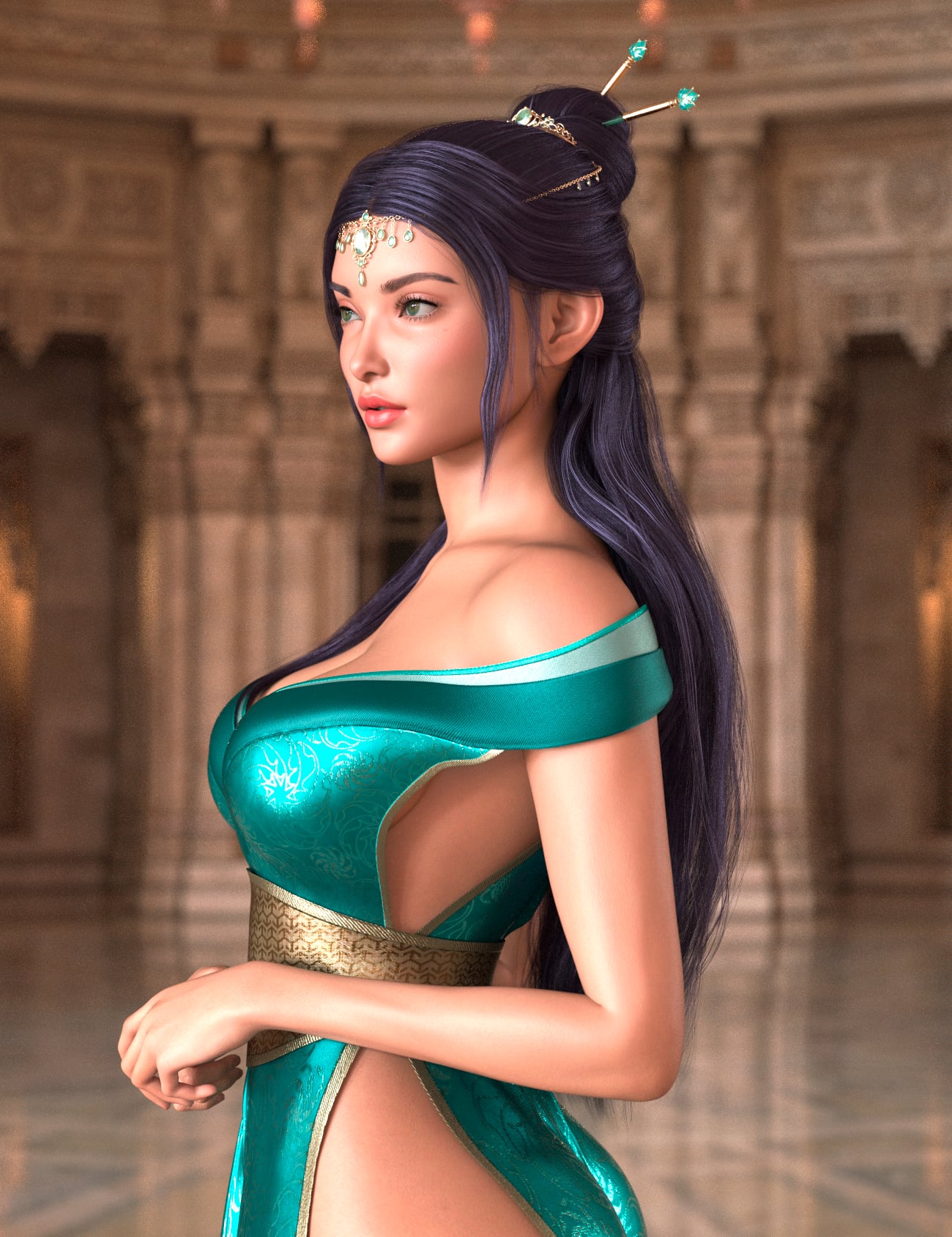 The Royal Lotus Priestess Character and Hair for Genesis 9 Feminine by: Blue Rabbit, 3D Models by Daz 3D