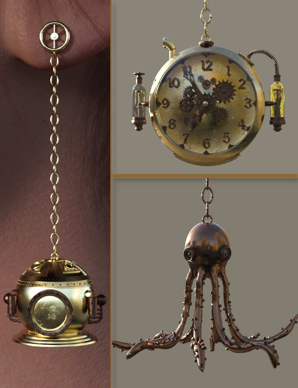 Steampunk Earrings for Genesis 9 and 8 Female by: Fantasyart3D, 3D Models by Daz 3D