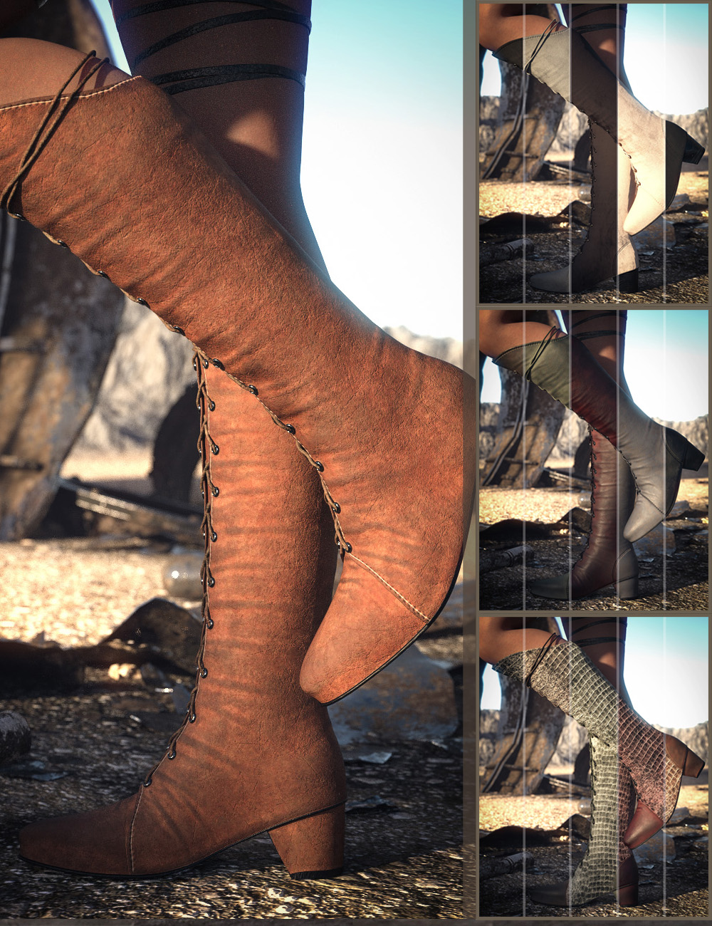 CB Narel Boots for Genesis 9, 8 and 8.1 with Leather, Suede and Alligator Texture Expansion Bundle by: CynderBlue, 3D Models by Daz 3D