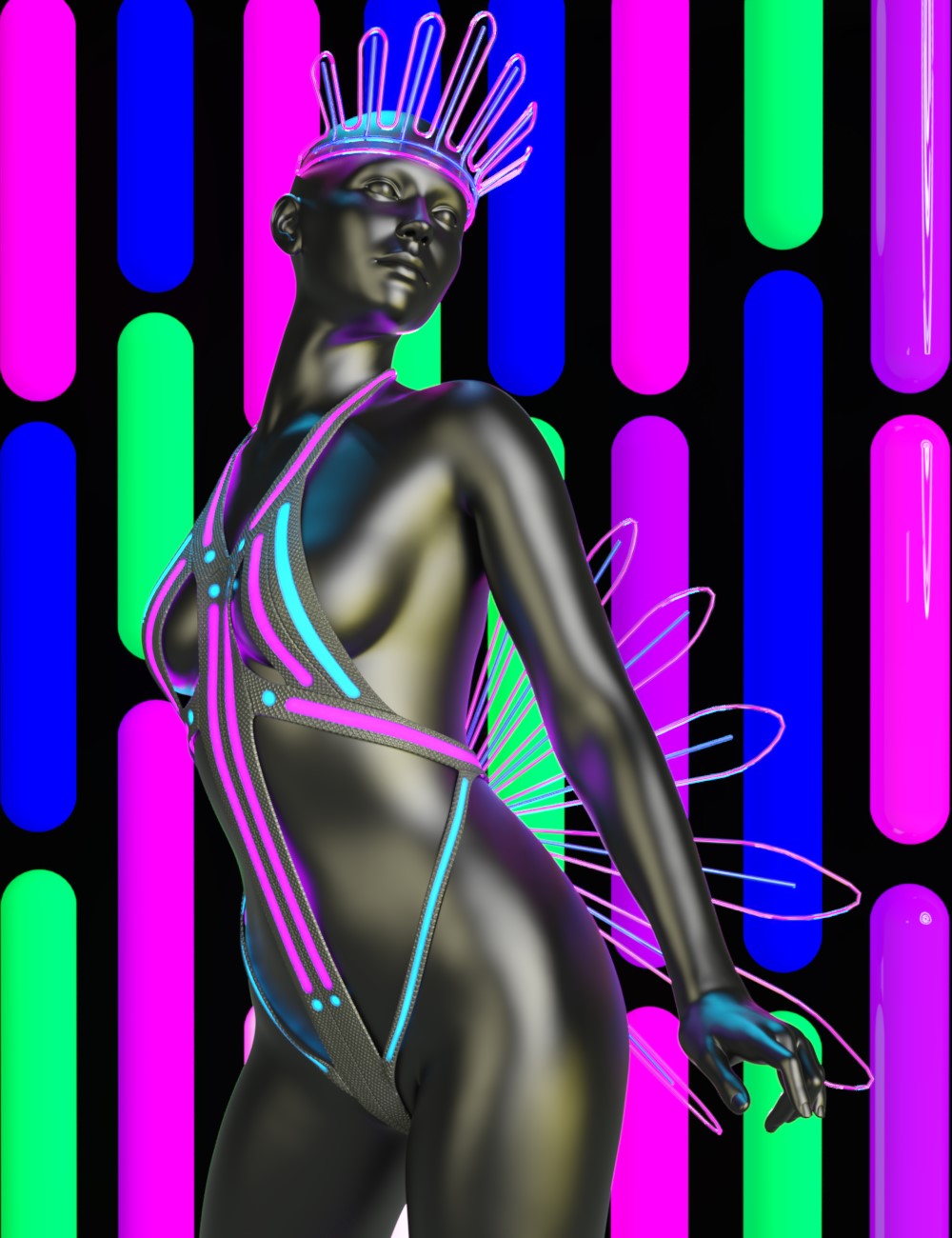 dForce Cyber Neon Showgirl Outfit for Genesis 9 and Genesis 8 Female by: Chris Cox, 3D Models by Daz 3D