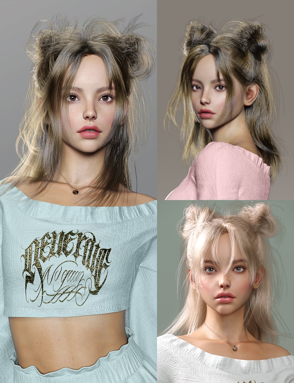 dForce Half Braid Buns Hair for Genesis 9 by: Magic Brush, 3D Models by Daz 3D