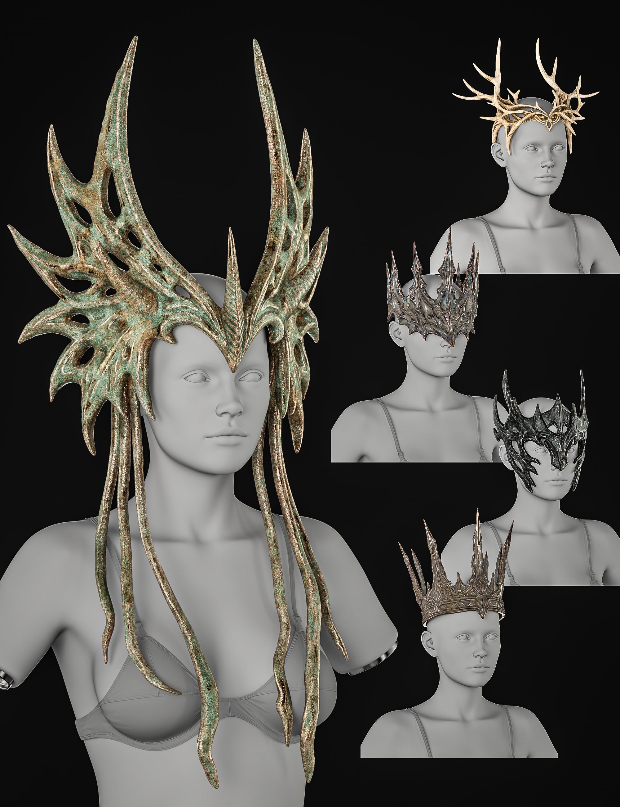 BW High Fantasy Crowns Set For Genesis 9 and 8, 8.1 Female by: Beautyworks, 3D Models by Daz 3D