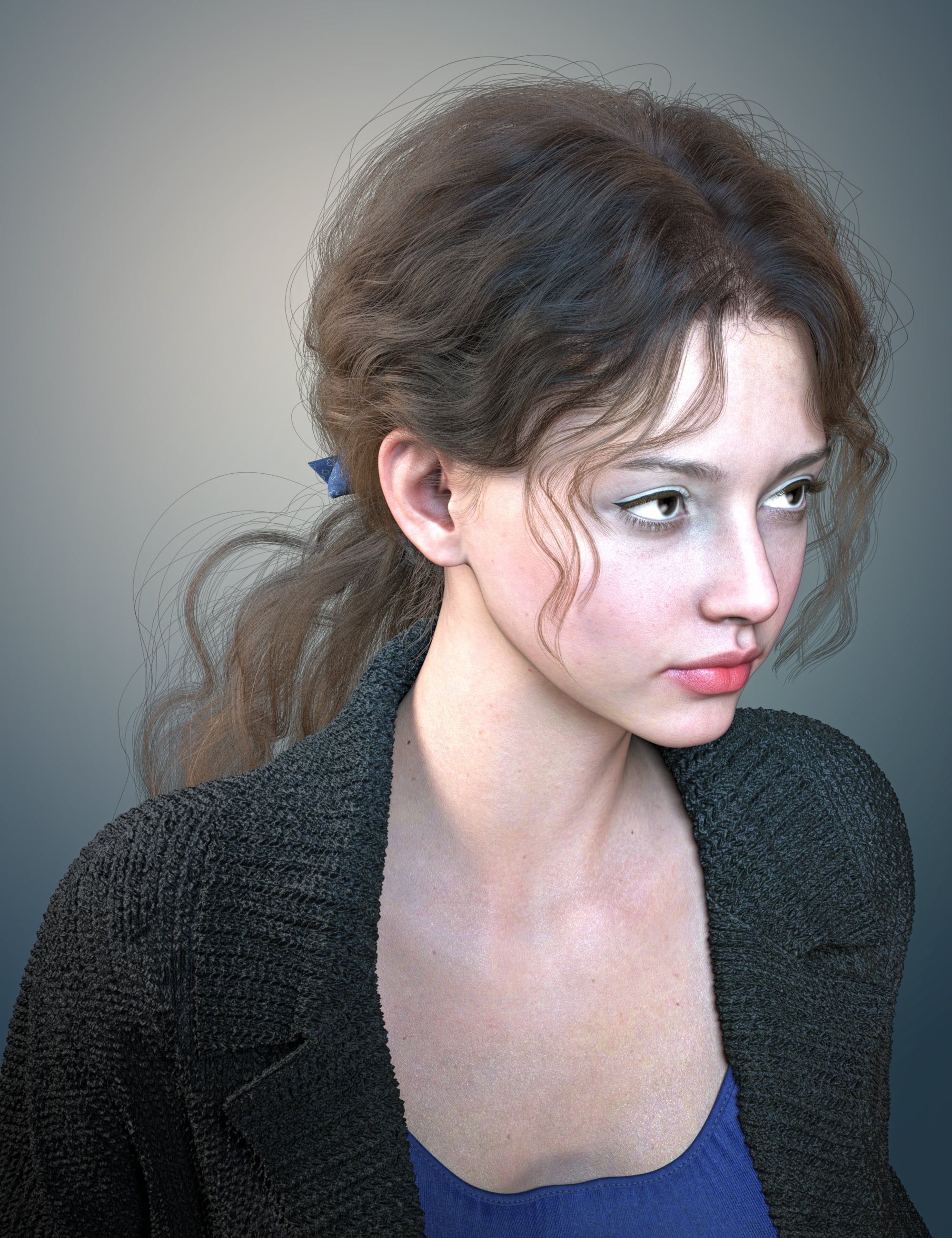 dForce Strand-Based FE Low Curly Ponytail Hair for Genesis 9 and 8 by: FeSoul, 3D Models by Daz 3D