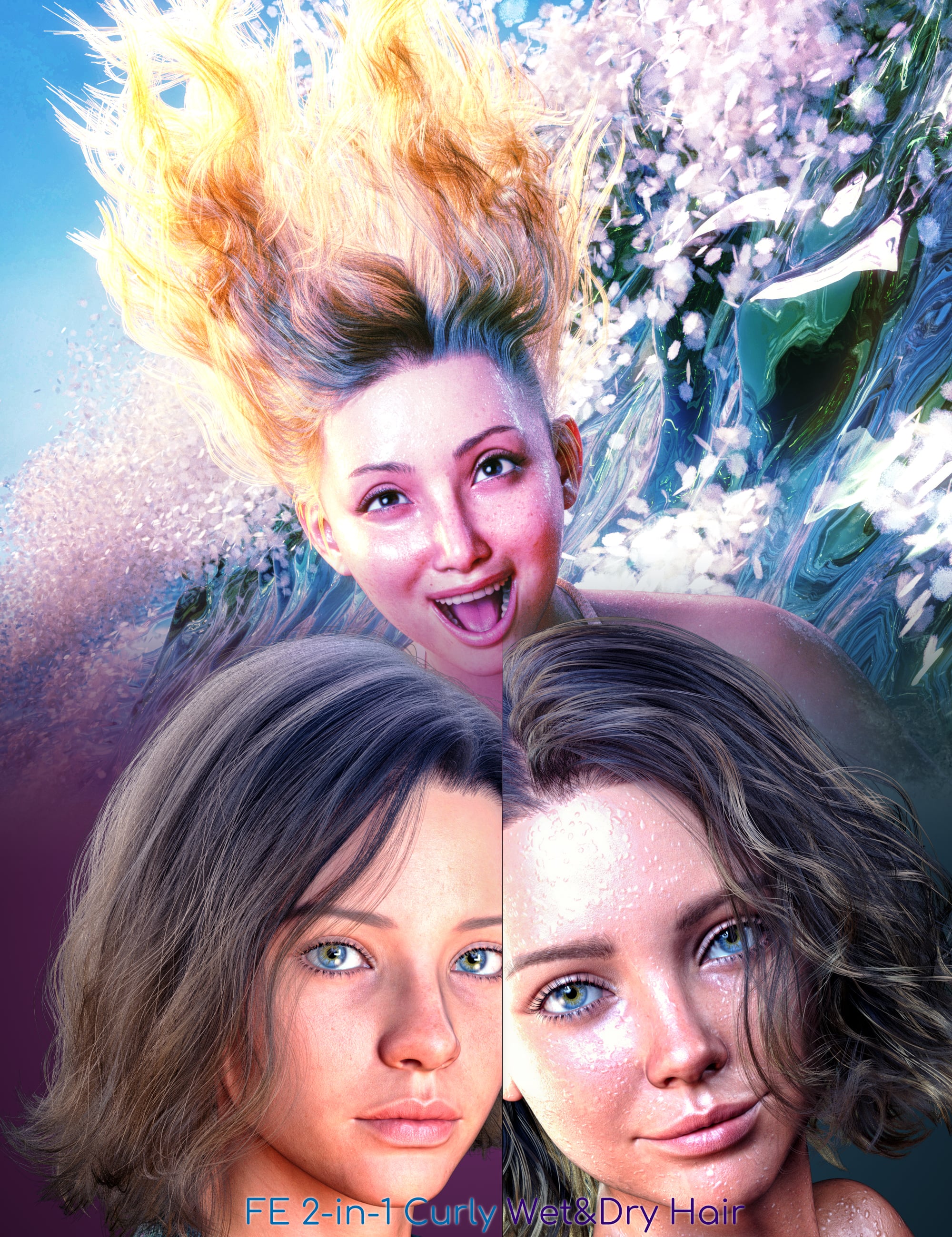 dForce FE 2-in-1 Curly Wet and Dry Strand-Based Hair for Genesis 9, 8 and 8.1 by: FeSoul, 3D Models by Daz 3D