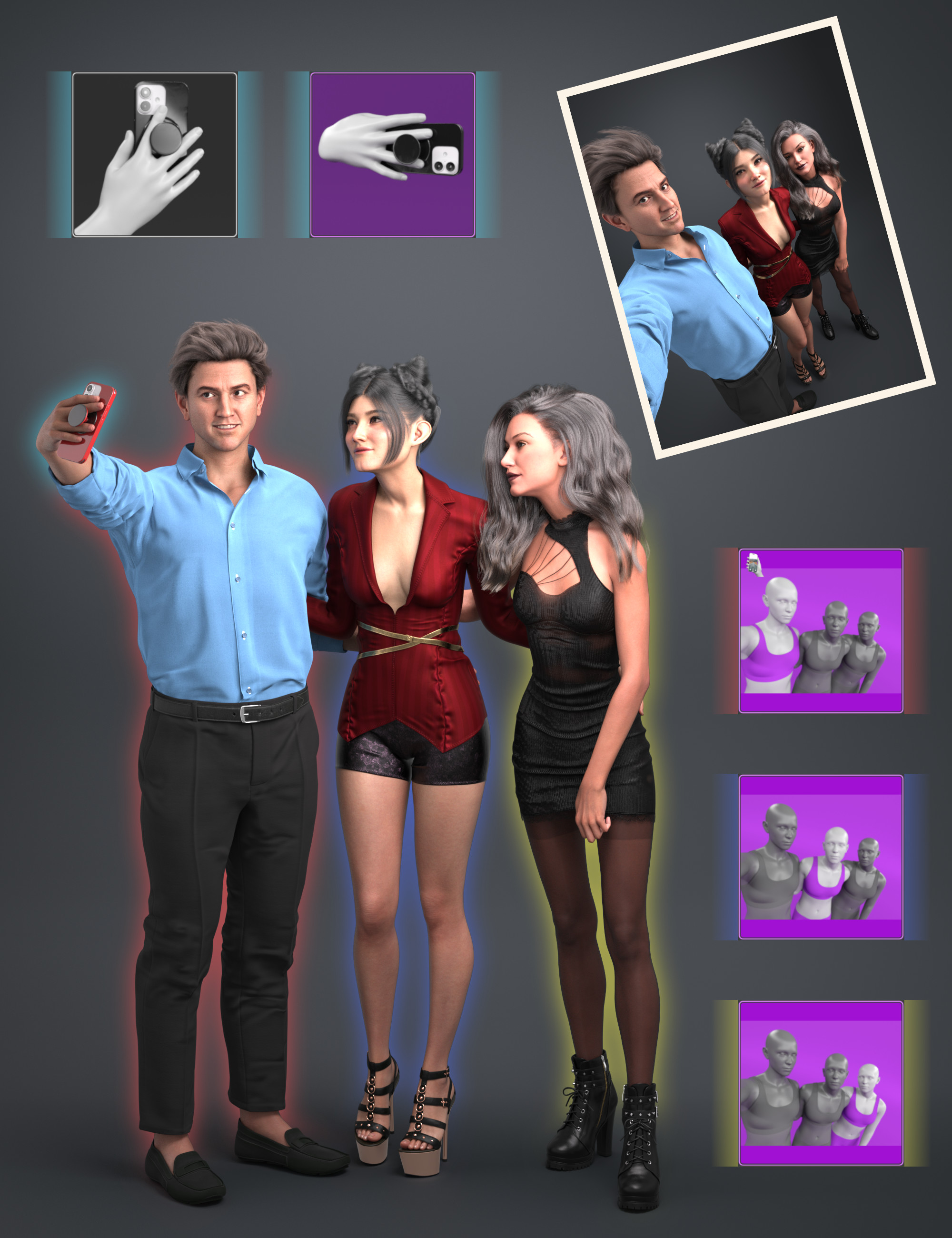 NG Build Your Own Group Selfie Poses for Genesis 9 by: NewGuy, 3D Models by Daz 3D
