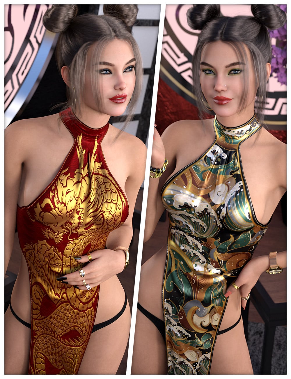 Oriental Textures for dForce SU Sexy High Slit Dress by: ShanasSoulmate, 3D Models by Daz 3D