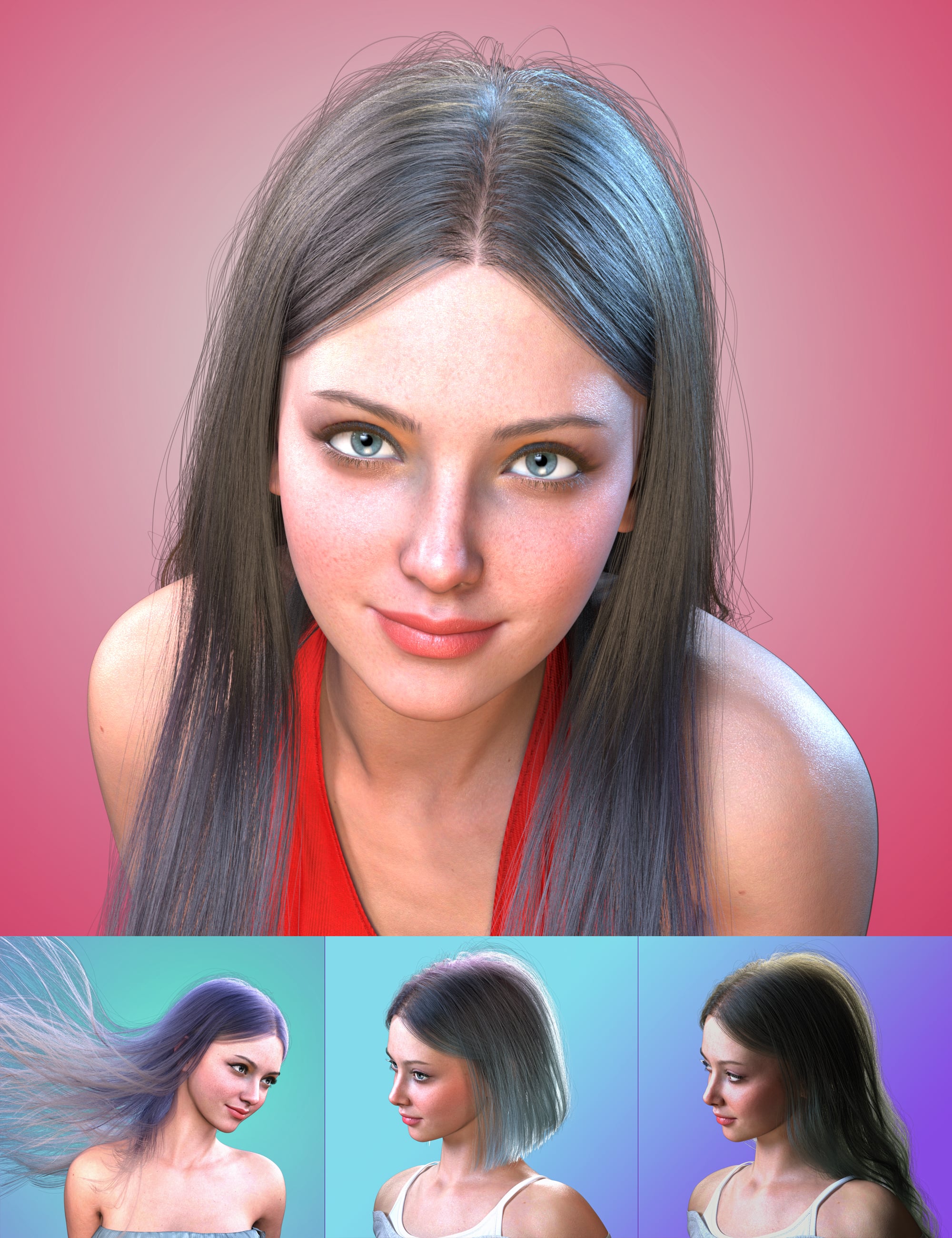 dForce FE Middle Parted Straight Strand-Based Hair for Genesis 9, 8 and 8.1 by: FeSoul, 3D Models by Daz 3D