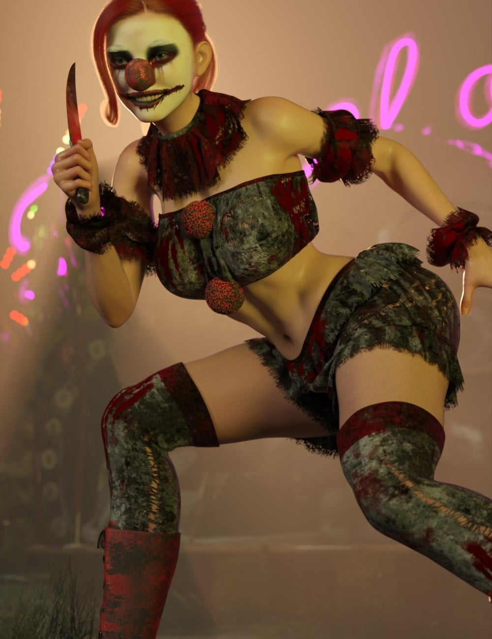 dForce Psycho Clown Outfit for Genesis 9 and Genesis 8 Female by: Chris Cox, 3D Models by Daz 3D