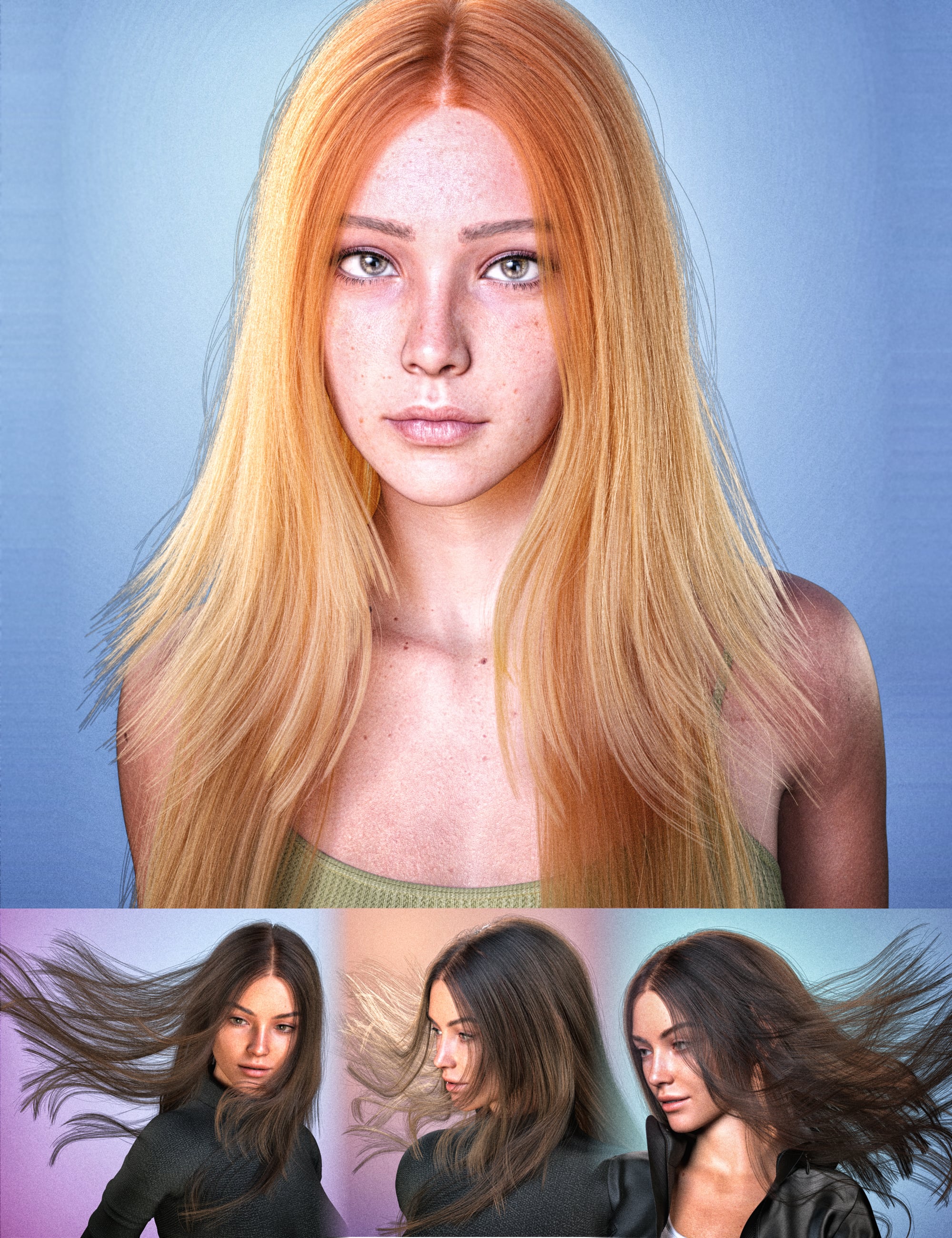 dForce FE Long Straight Layered Strand-Based Hair for Genesis 9, 8 and 8.1 by: FeSoul, 3D Models by Daz 3D