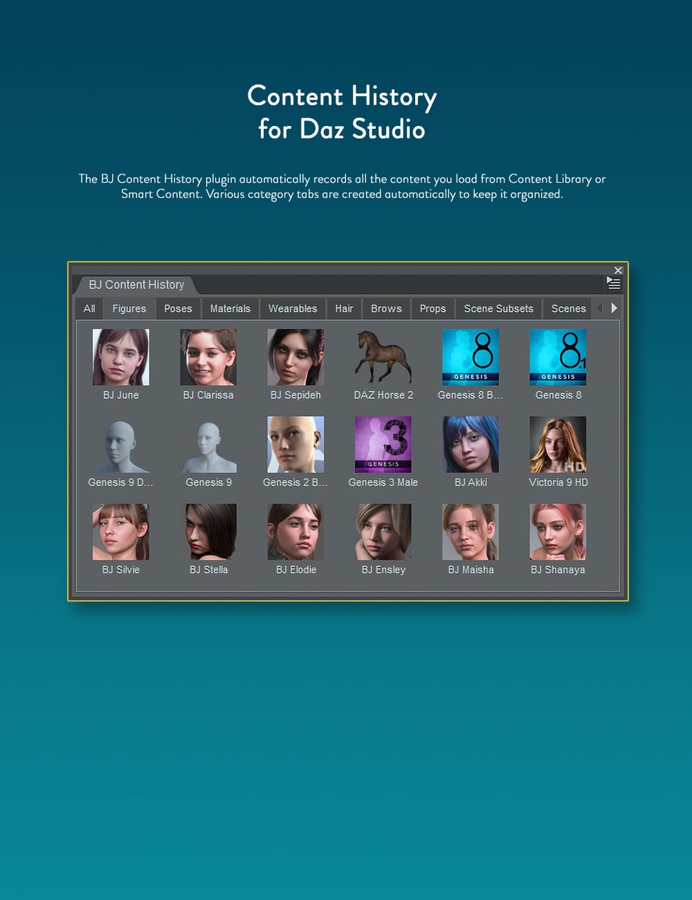 BJ Content History Plugin by: bluejaunte, 3D Models by Daz 3D