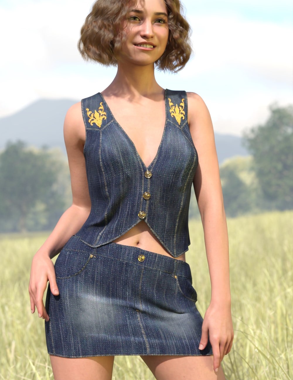 dForce CeeCee 12 Denim Vest and Skirt for Genesis 9 and 8 Female by: Chris Cox, 3D Models by Daz 3D