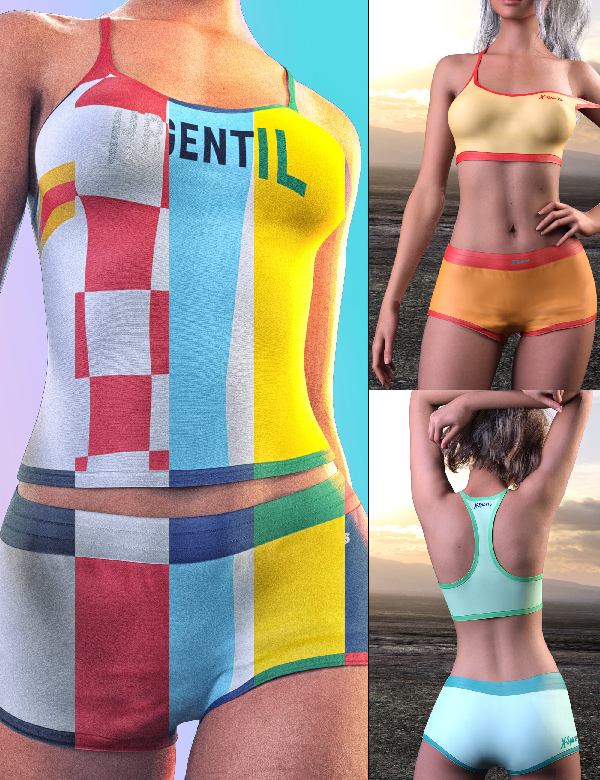 X-BIT Country Themed  Fitness Sports Outfit for Genesis 9 and 8 Bundle by: X-BIT, 3D Models by Daz 3D
