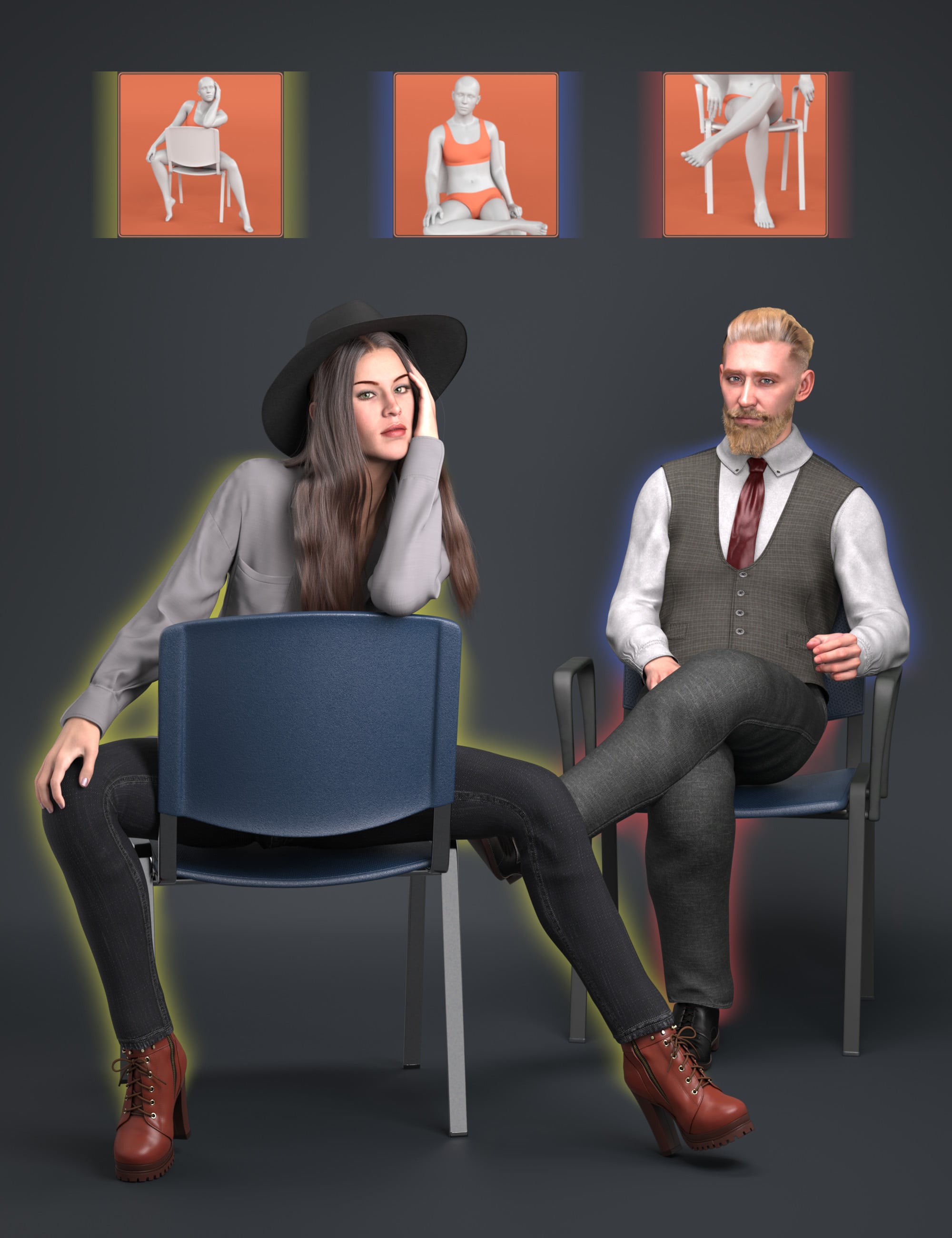 NG Build Your Own Chair Sitting Poses for Genesis 9 by: NewGuy, 3D Models by Daz 3D