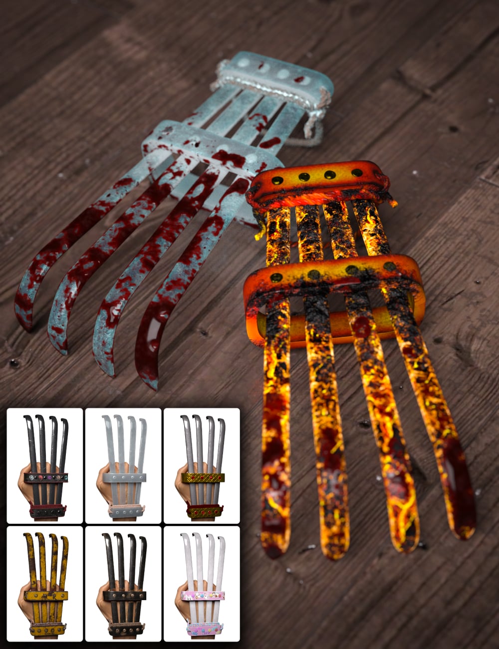 Tekko Kagi Ninja Claws Texture Add-On for Genesis 9 by: URHD, 3D Models by Daz 3D