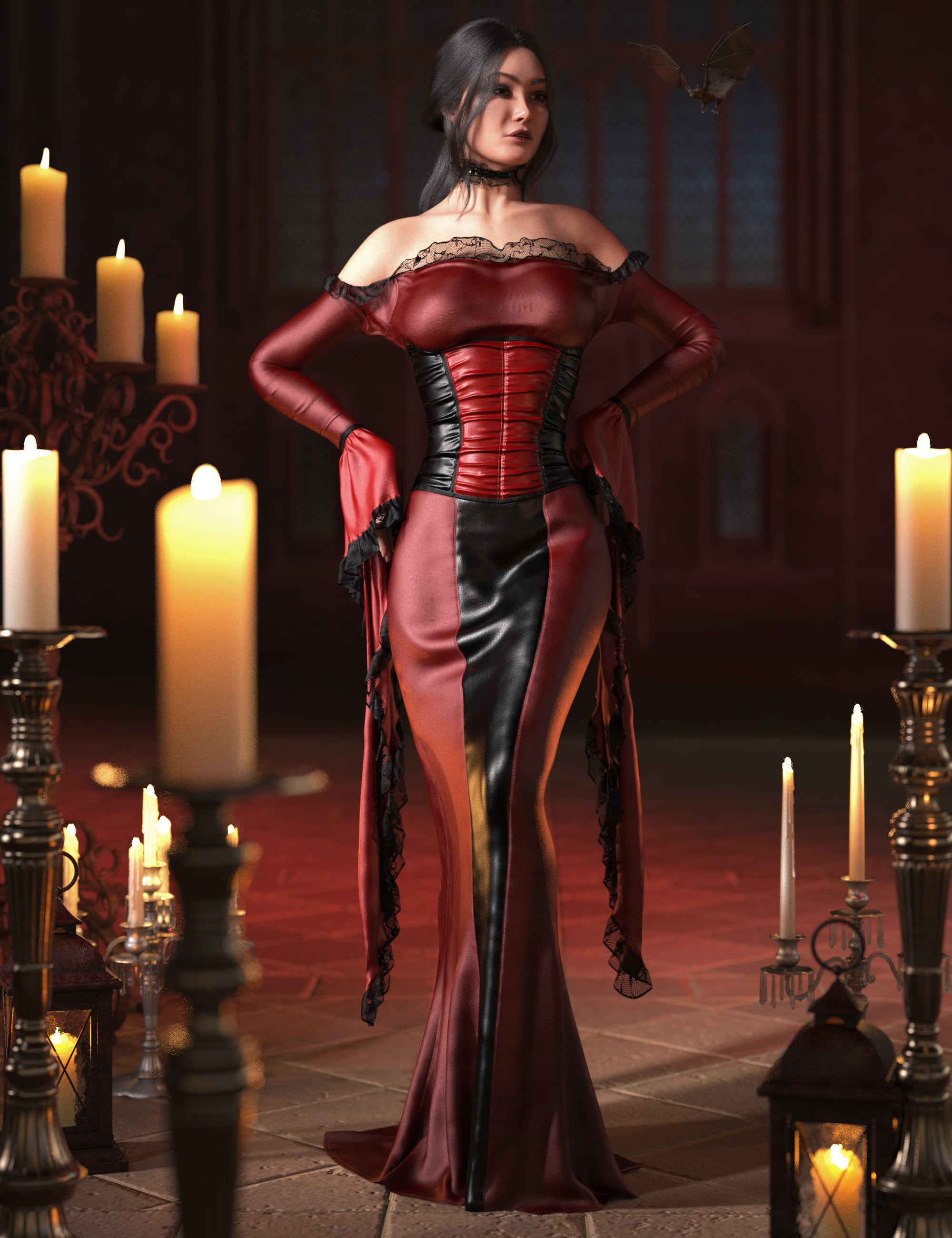 dForce Vampire Style Gown for Genesis 9 by: outoftouch, 3D Models by Daz 3D