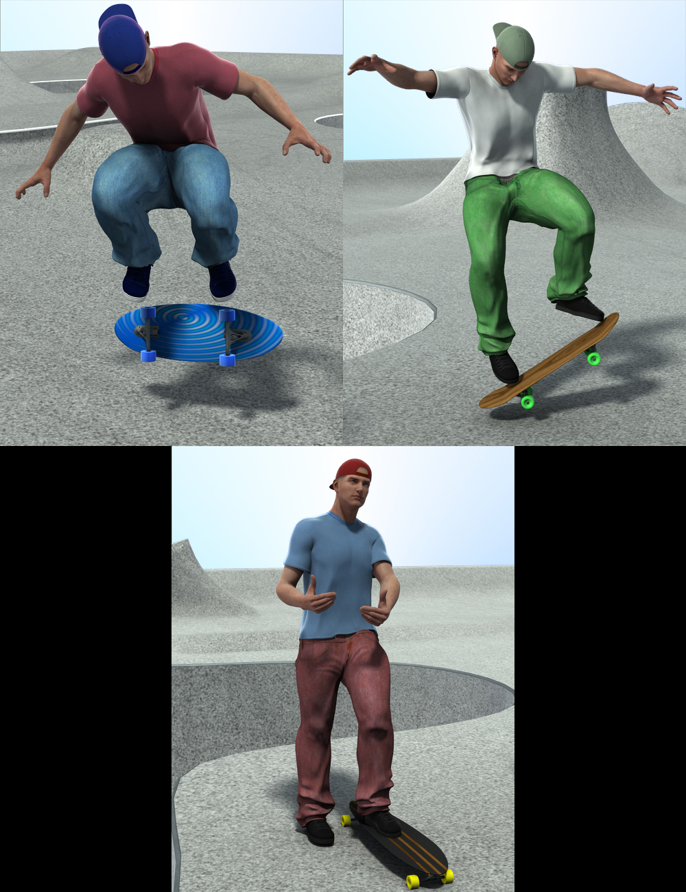 Skate Park Poses and Boards by: , 3D Models by Daz 3D