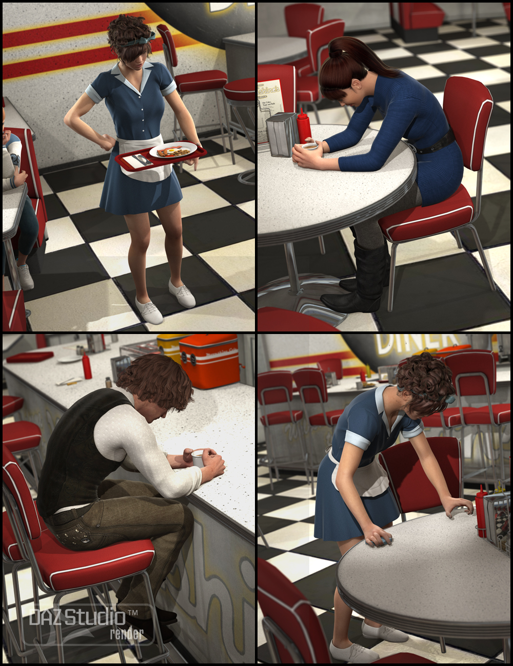 Late Night Diner Poses for Genesis 2 Female and Male by: FeralFey, 3D Models by Daz 3D