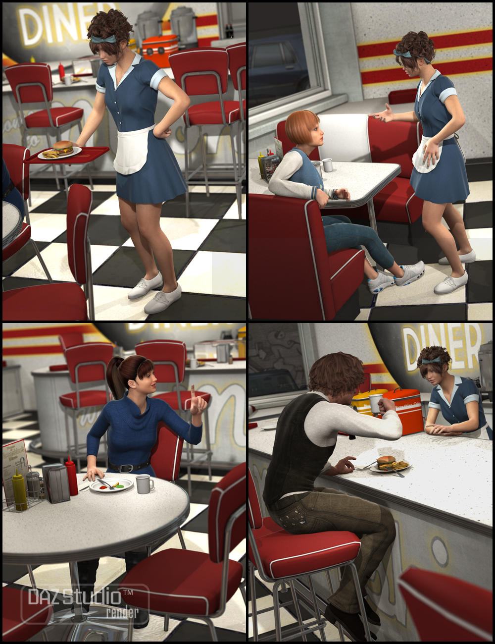 Late Night Diner Poses for Genesis by: FeralFey, 3D Models by Daz 3D