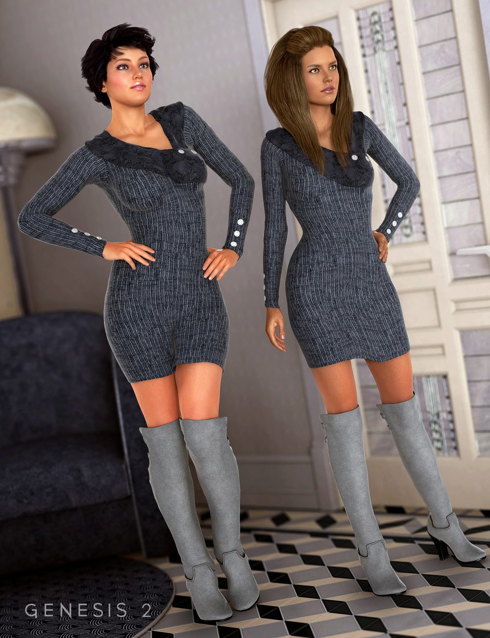 Sweater Dress and Boots for Genesis 2 Female(s) by: SarsaBarbara Brundon, 3D Models by Daz 3D