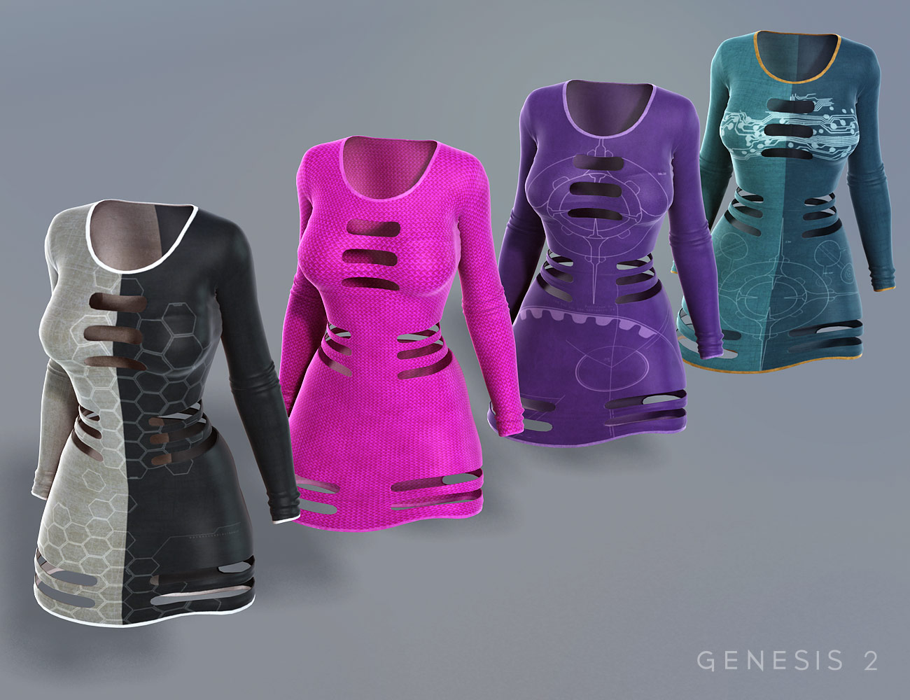 Sci-fi Slotted Dress for Genesis 2 Female(s) Textures by: OziChick, 3D Models by Daz 3D