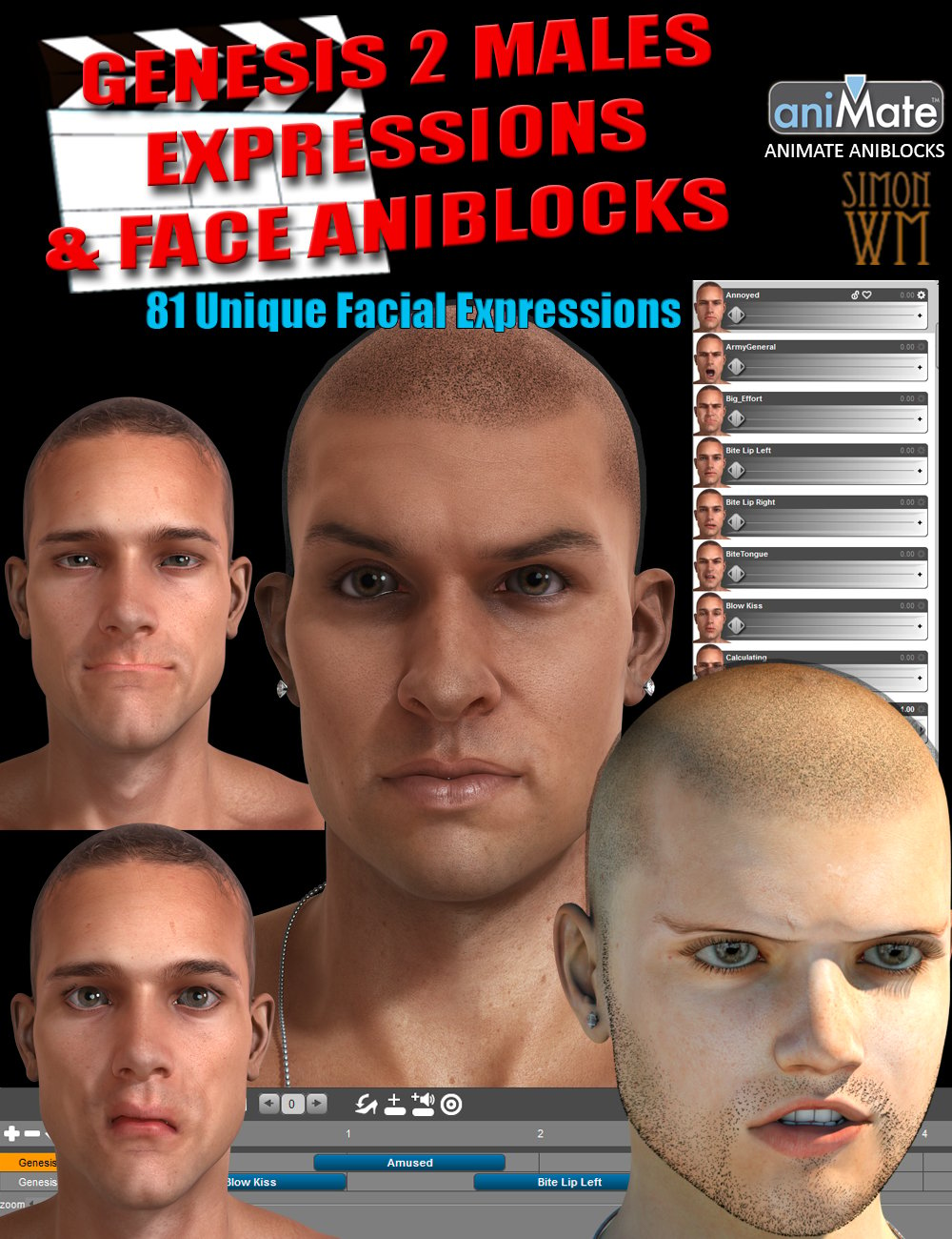 Genesis 2 Male(s) Expressions & Face aniBlocks by: SimonWM, 3D Models by Daz 3D