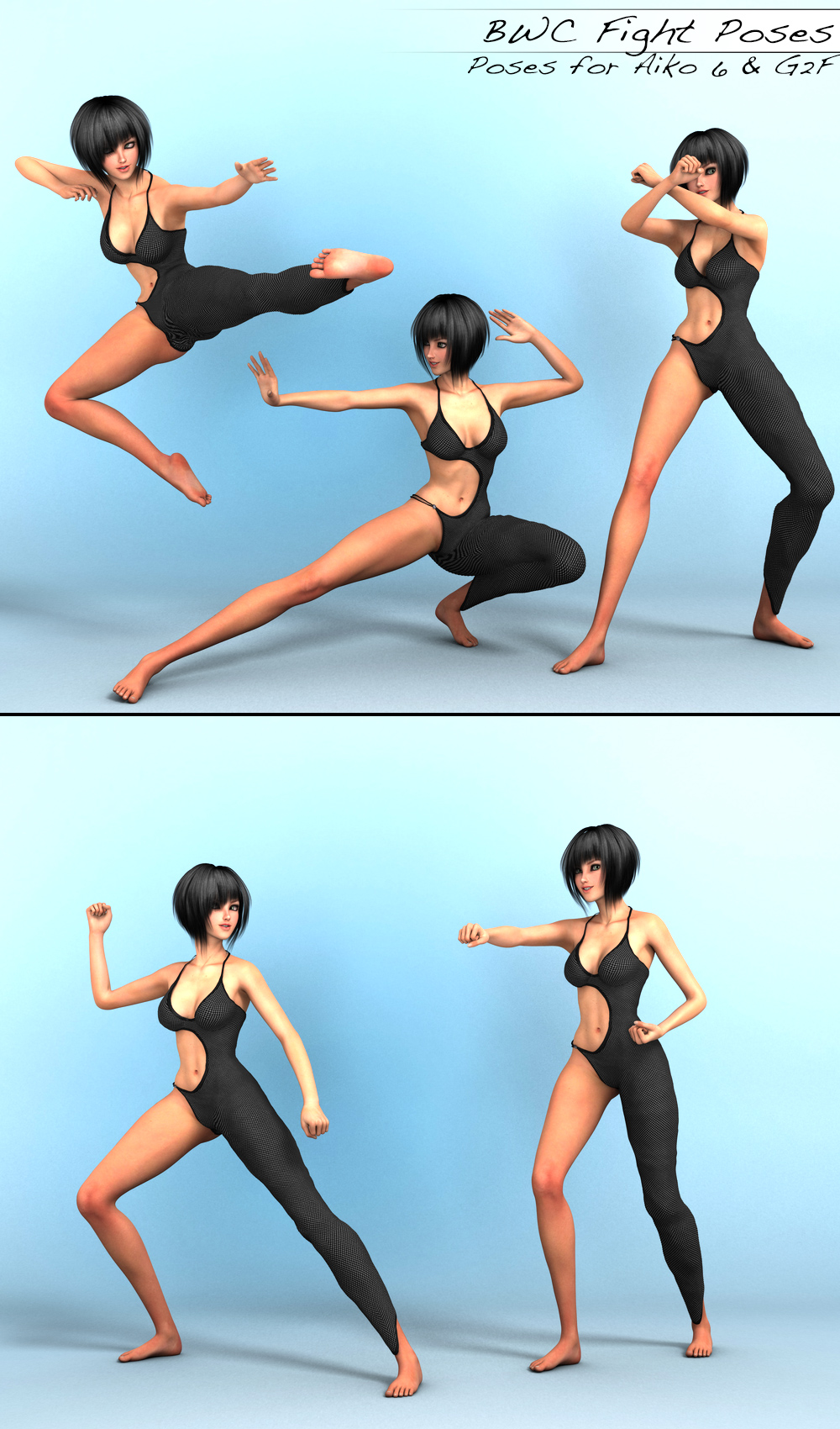 BWC Fight Poses for Aiko 6 and Genesis 2 Female(s) by: Sedor, 3D Models by Daz 3D