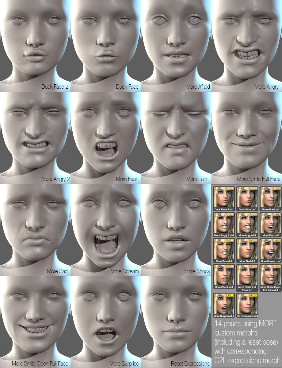 MORE Expressions for Genesis 2 Female(s) MORE Expressions for Genesis 2 Female(s) by: Cake One, 3D Models by Daz 3D