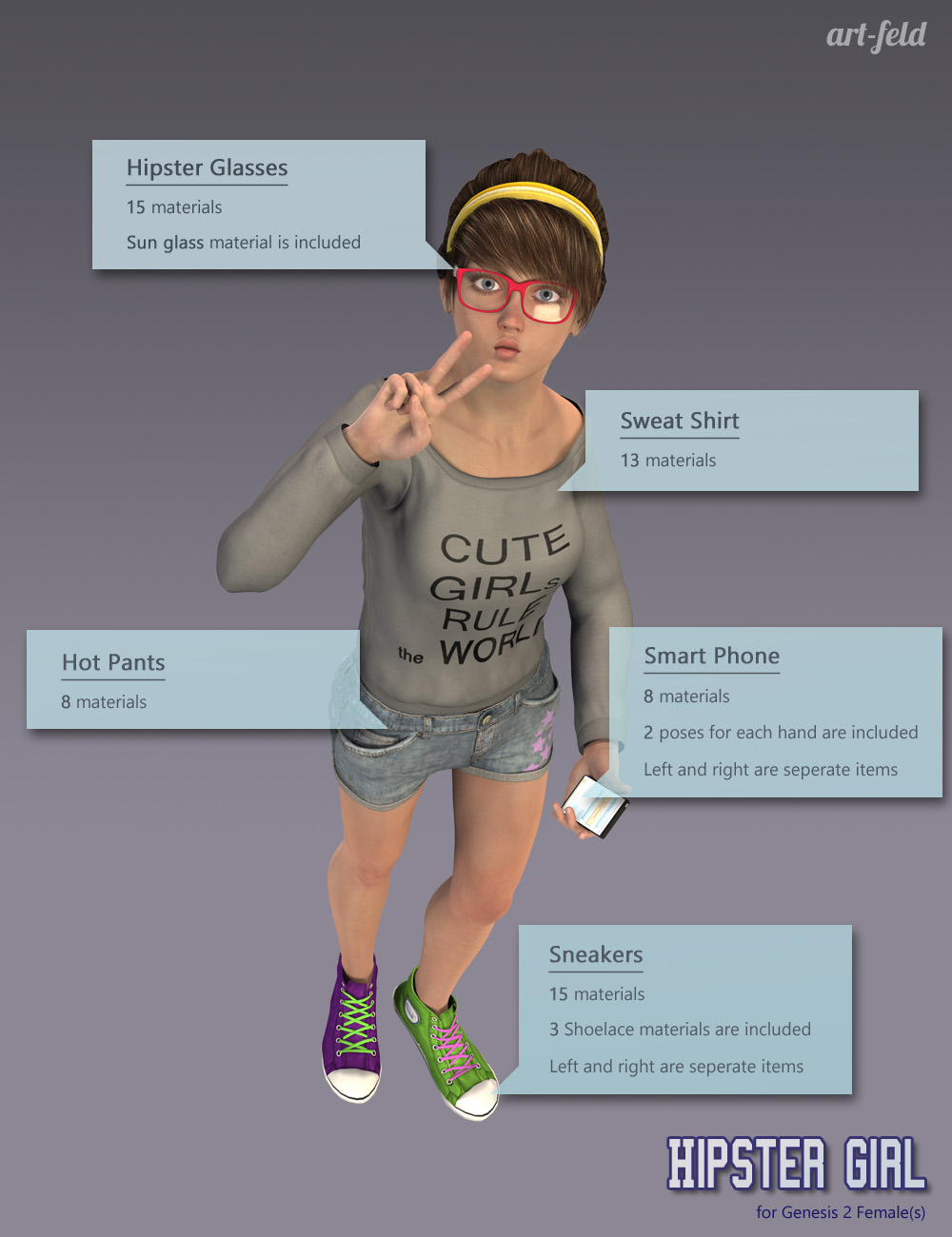 Hipster Girl for Genesis 2 Female(s) by: art-feld, 3D Models by Daz 3D