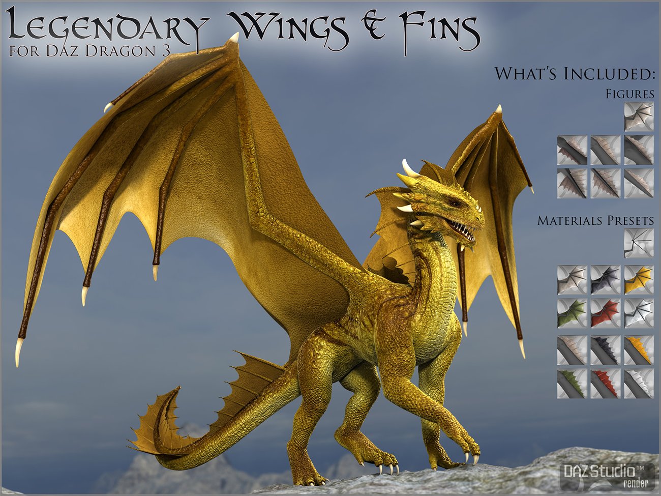 Legendary Wings & Fins HD for DAZ Dragon 3 by: DarioFish, 3D Models by Daz 3D