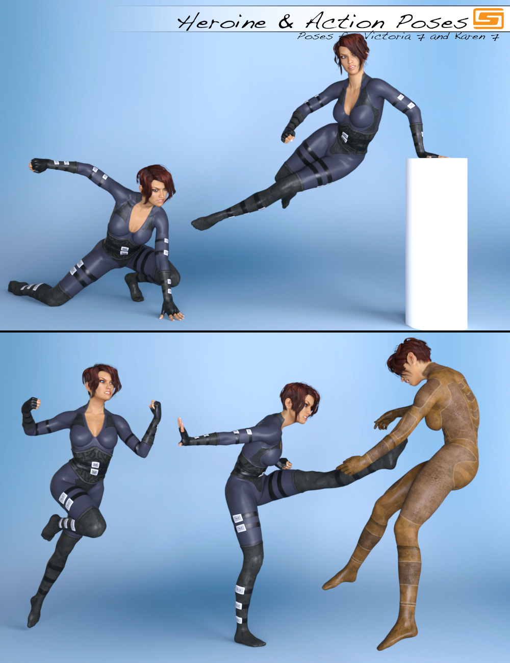 Heroine & Action Poses for Victoria 7 and Karen 7 by: Sedor, 3D Models by Daz 3D
