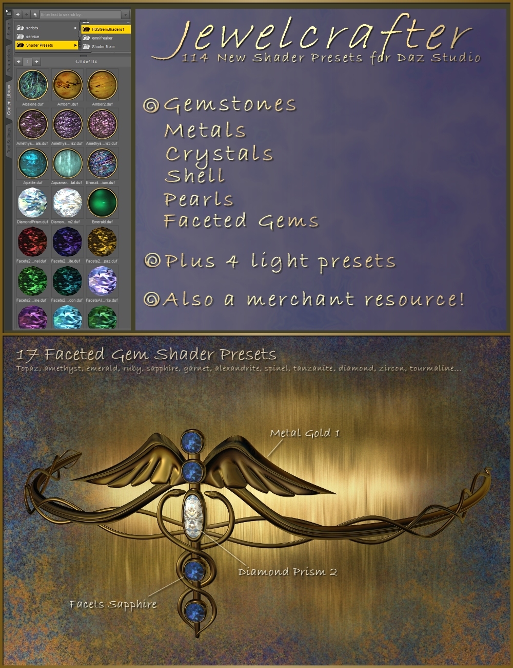 Jewelcrafter Shaders for 3Delight by: Handspan Studios, 3D Models by Daz 3D