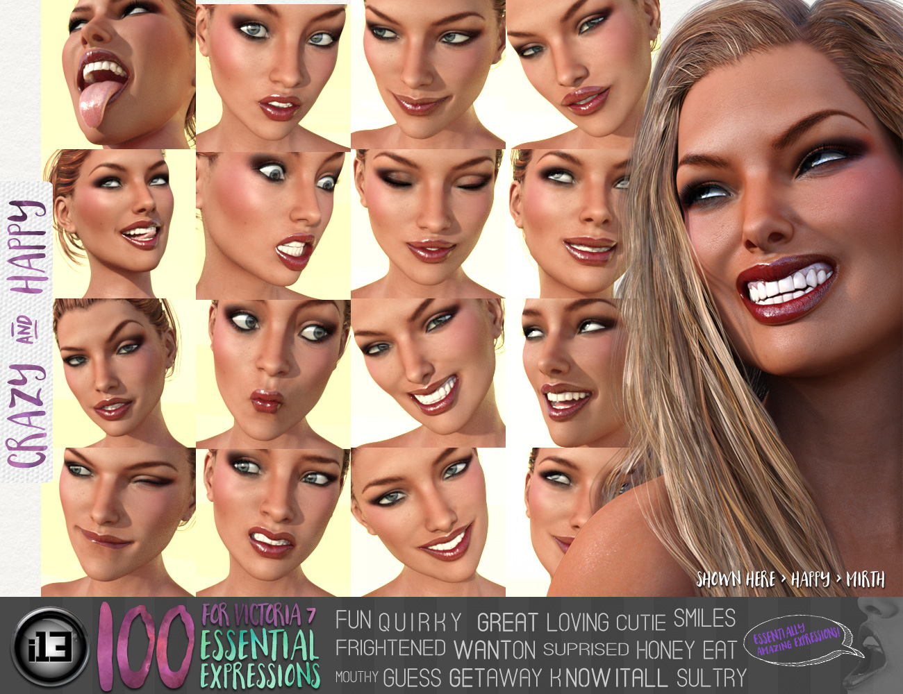 i13 100 Essential Expressions for Victoria 7 by: ironman13, 3D Models by Daz 3D