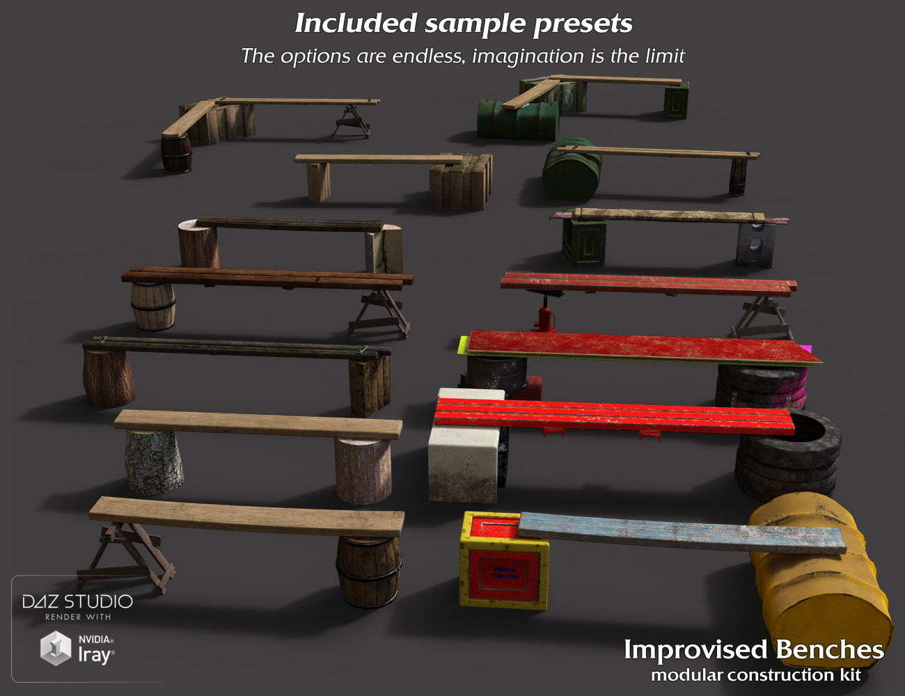 Improvised Benches Construction Kit by: Code 66, 3D Models by Daz 3D