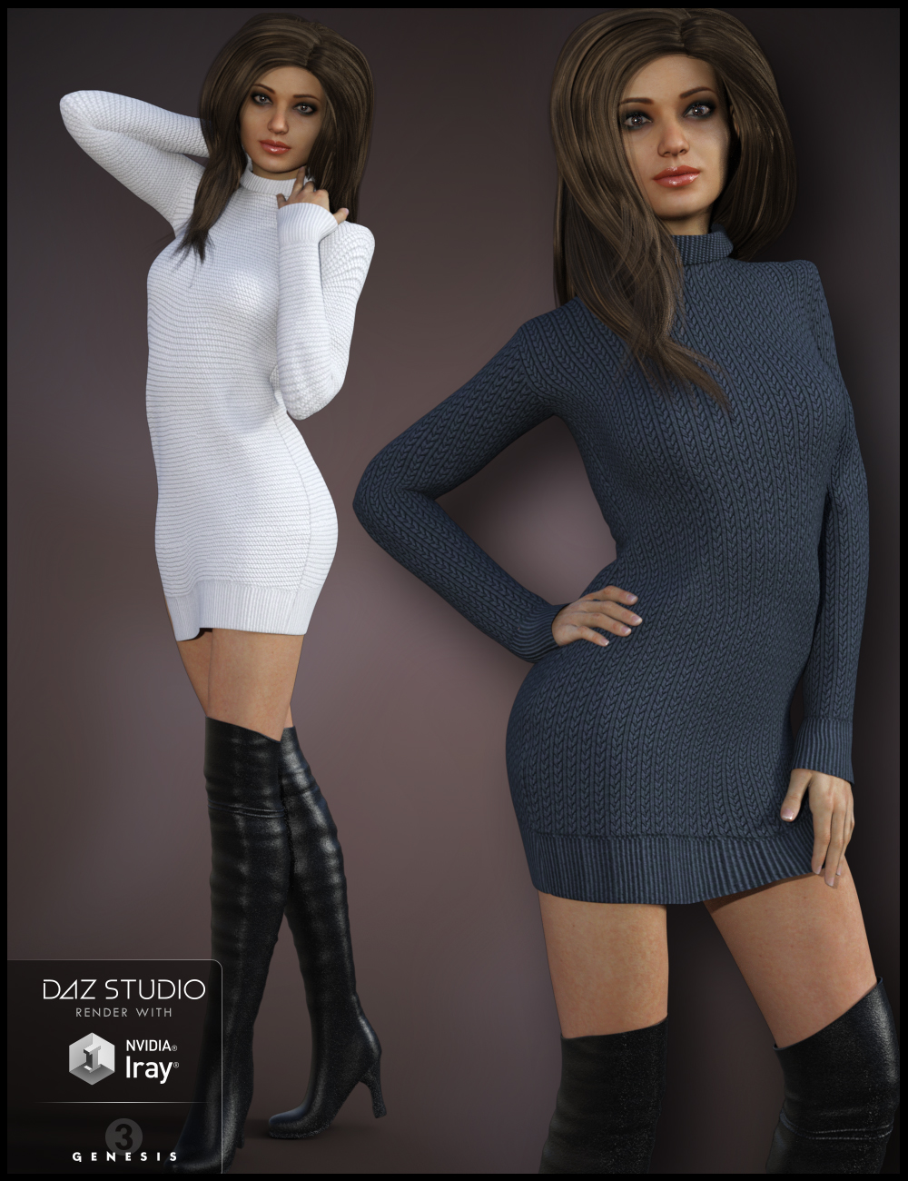 Cozy Sweater Dress Outfit for Genesis 3 Female(s) by: Nikisatez, 3D Models by Daz 3D