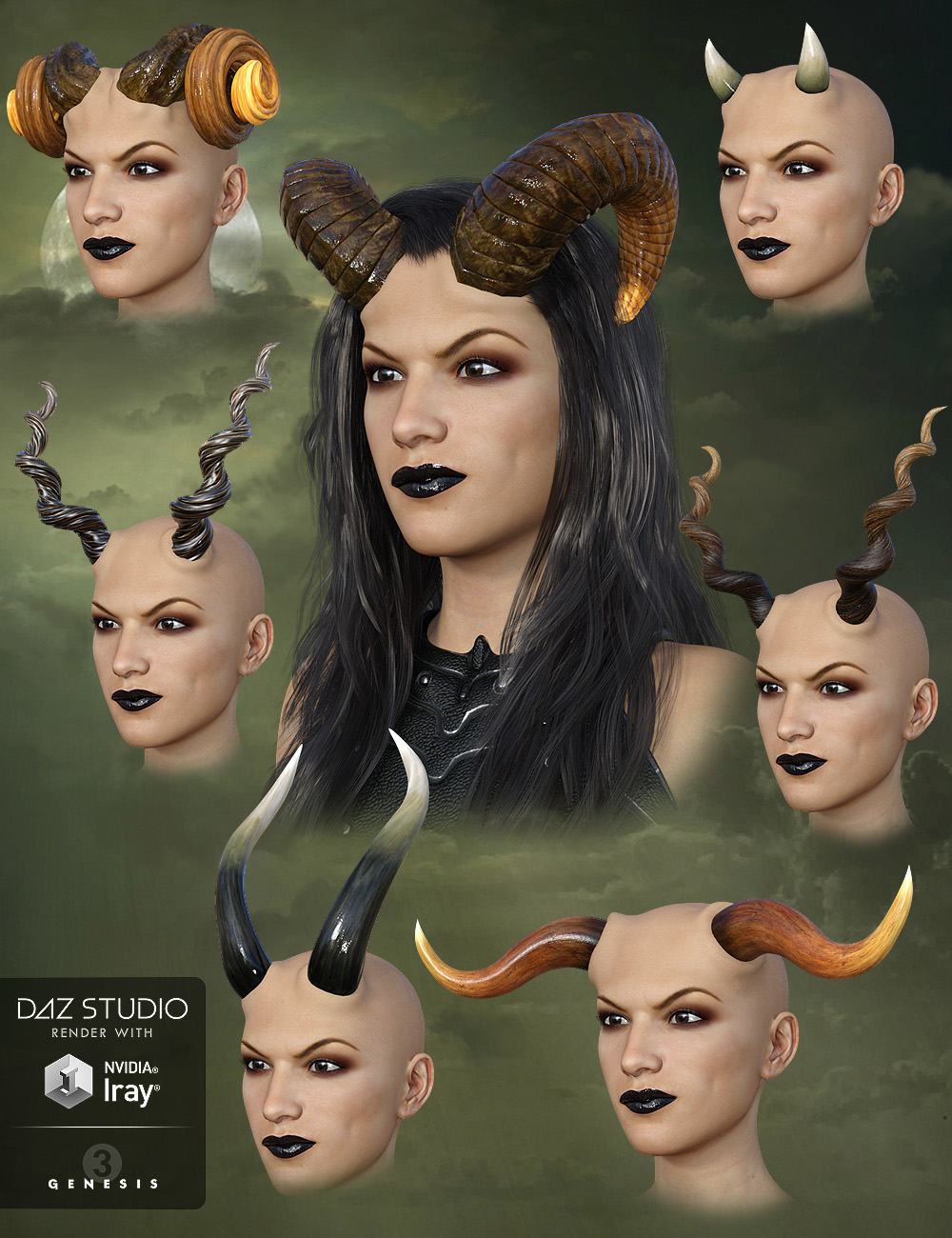 Universal Horns for Genesis 3 Female(s) by: midnight_stories, 3D Models by Daz 3D