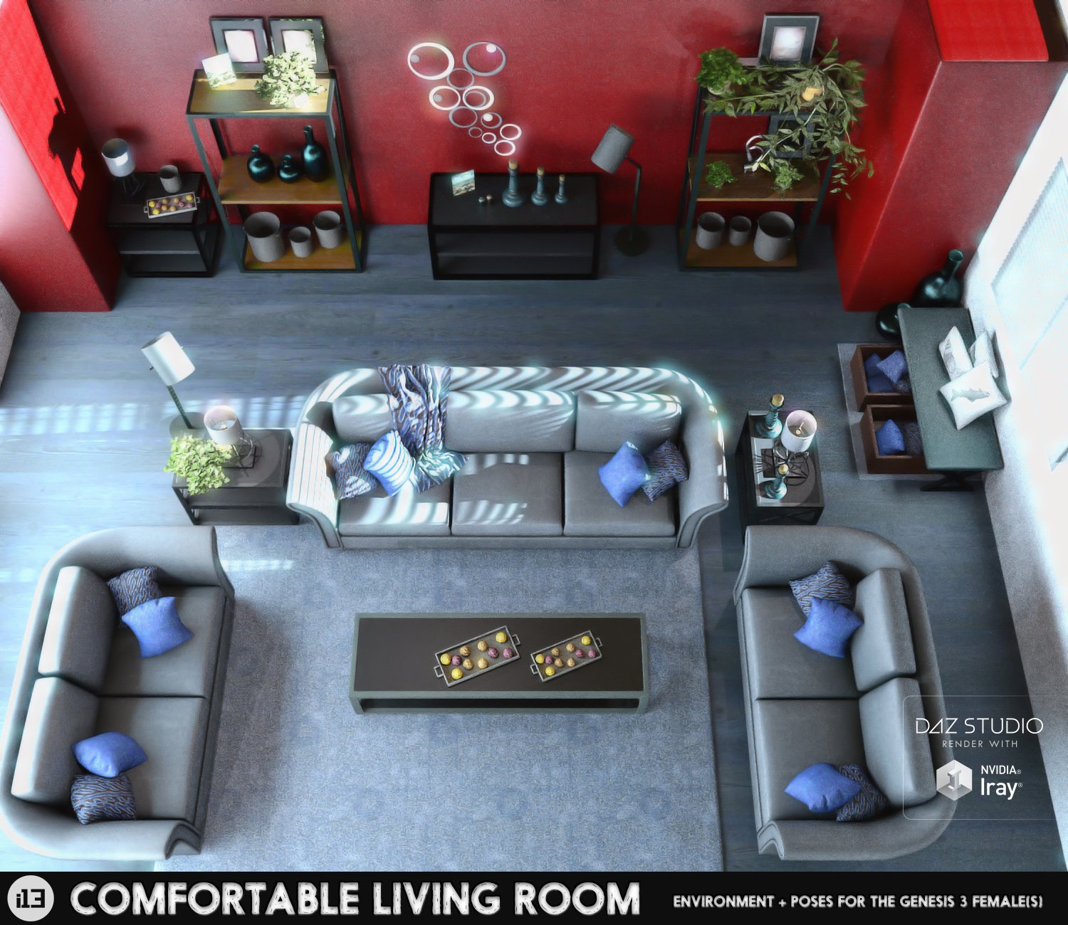 i13 Comfortable Living Room with Poses for the Genesis 3 Female(s) by: ironman13, 3D Models by Daz 3D
