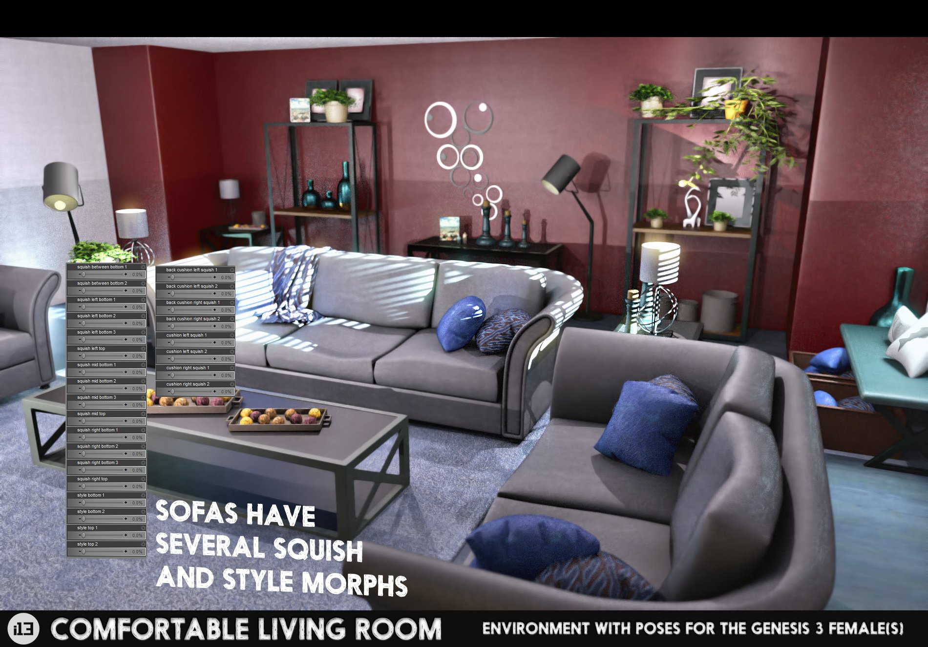 i13 Comfortable Living Room with Poses for the Genesis 3 Female(s) i13 Comfortable Living Room with Poses for the Genesis 3 Female(s) by: ironman13, 3D Models by Daz 3D