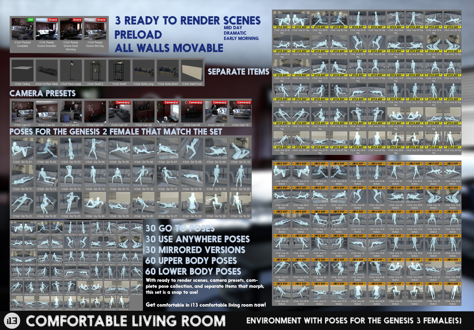i13 Comfortable Living Room with Poses for the Genesis 3 Female(s) by: ironman13, 3D Models by Daz 3D