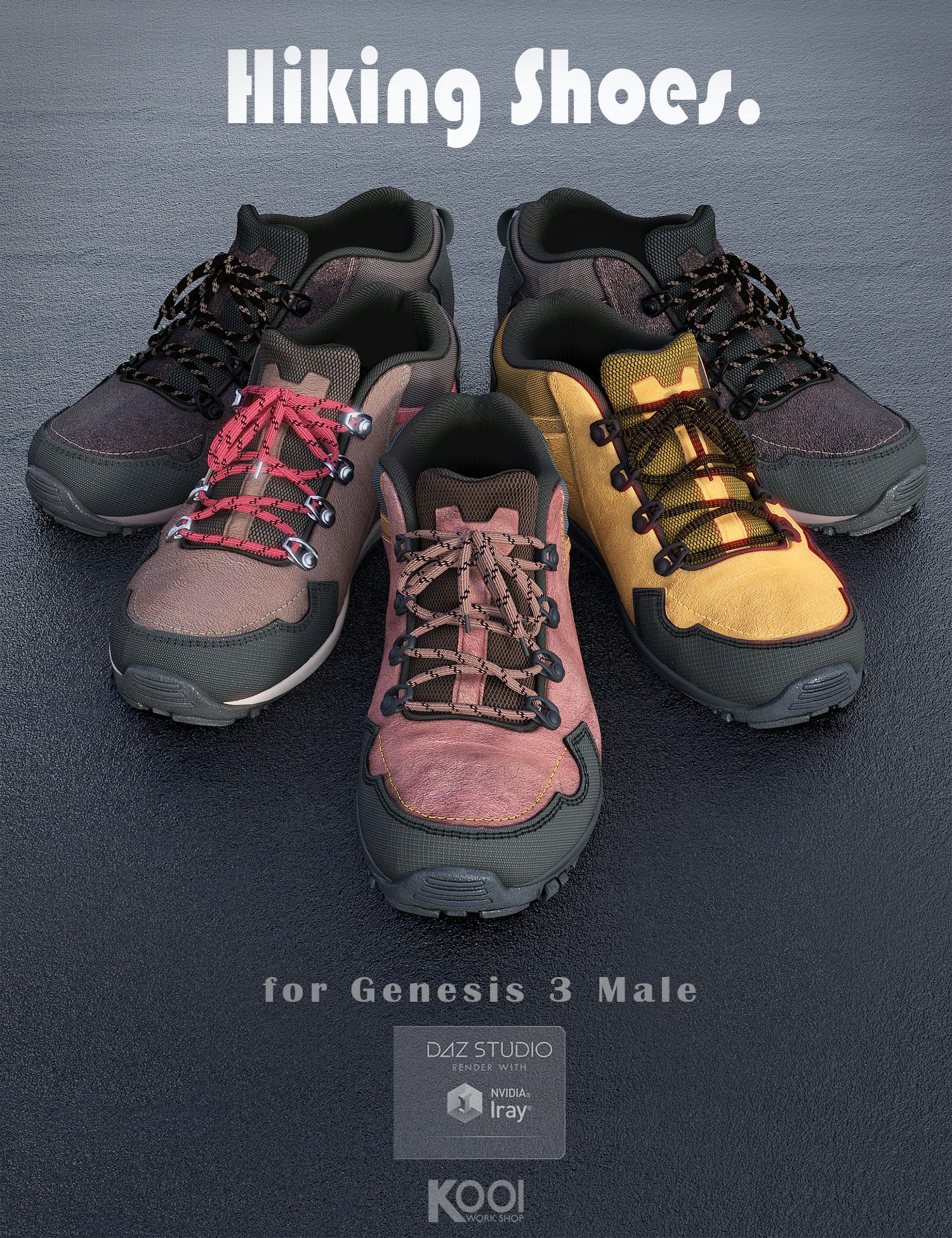Hiking Shoes for Genesis 3 Male(s) by: Kool, 3D Models by Daz 3D