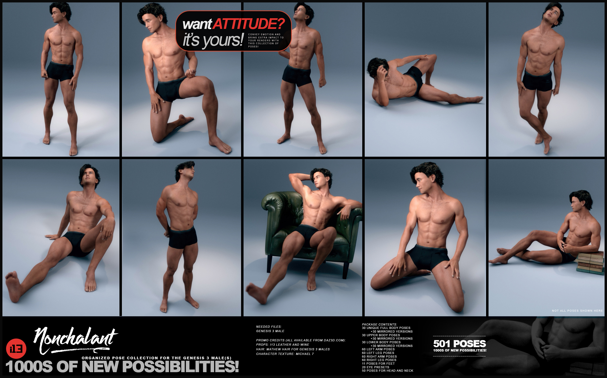i13 Nonchalant Pose Collection for the Genesis 3 Male(s) by: ironman13, 3D Models by Daz 3D