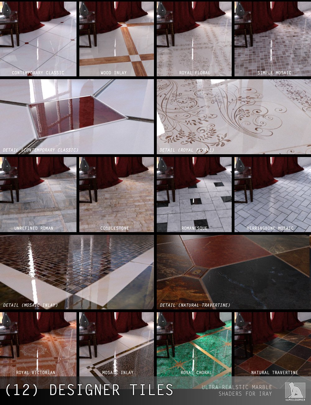 Marble Shaders for Iray Marble Shaders for Iray by: ThePhilosopher, 3D Models by Daz 3D