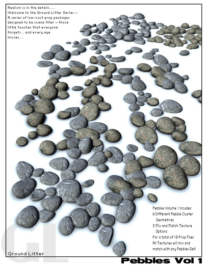 Ground Litter Series - Pebbles Vol 1 by: RuntimeDNATraveler, 3D Models by Daz 3D