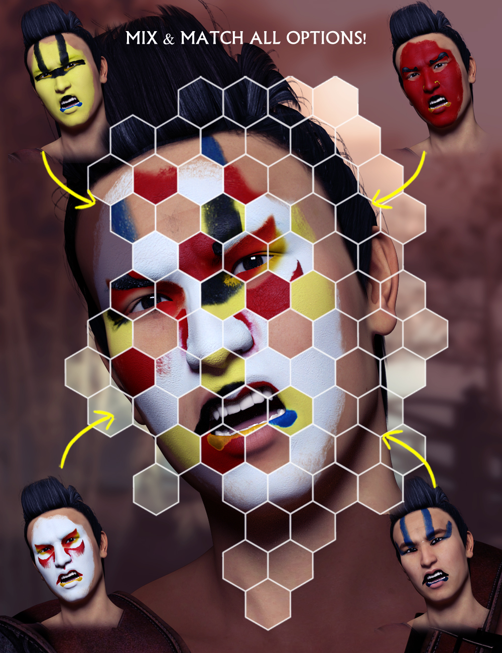 Extreme Closeup: Kabuki Inspired Face Paints for Genesis 3 Male(s) by: ForbiddenWhispers, 3D Models by Daz 3D
