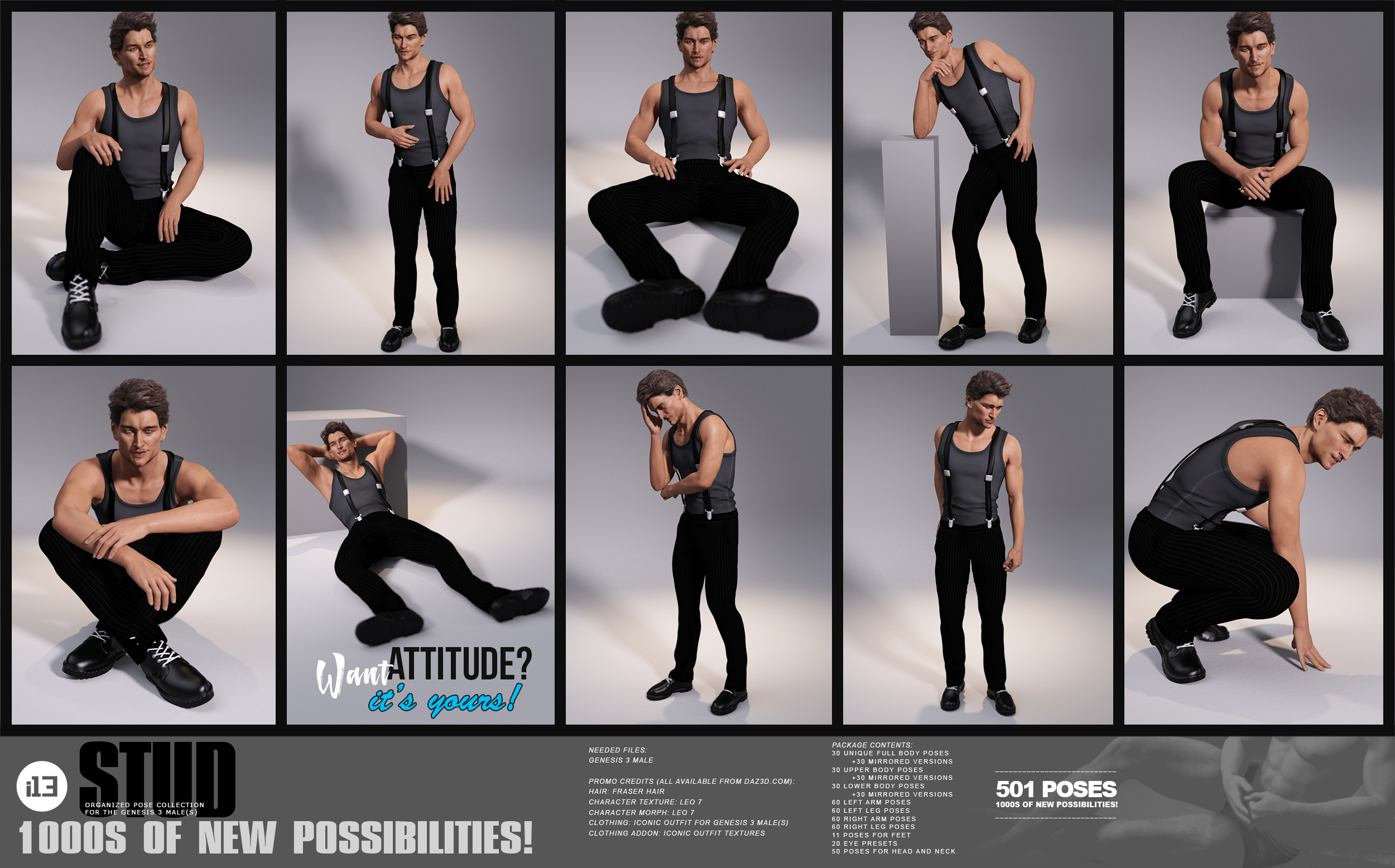 i13 Stud Pose Collection for the Genesis 3 Male(s) by: ironman13, 3D Models by Daz 3D