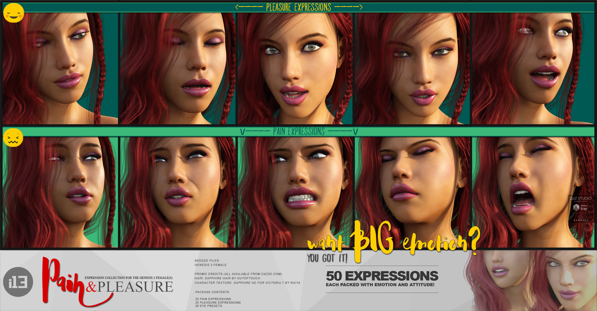 i13 Pain and Pleasure Expressions for the Genesis 3 Female(s) by: ironman13, 3D Models by Daz 3D