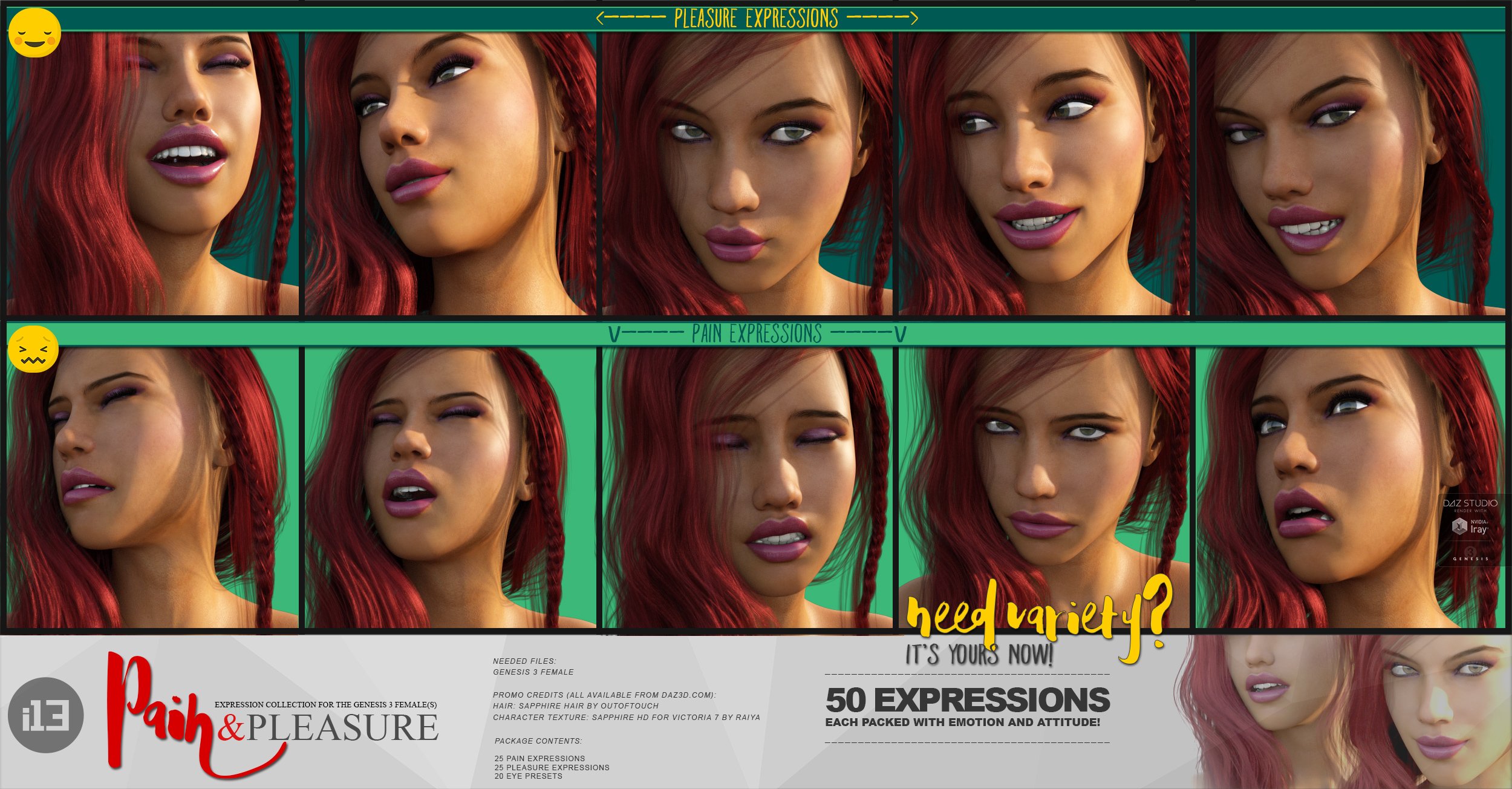 i13 Pain and Pleasure Expressions for the Genesis 3 Female(s) by: ironman13, 3D Models by Daz 3D