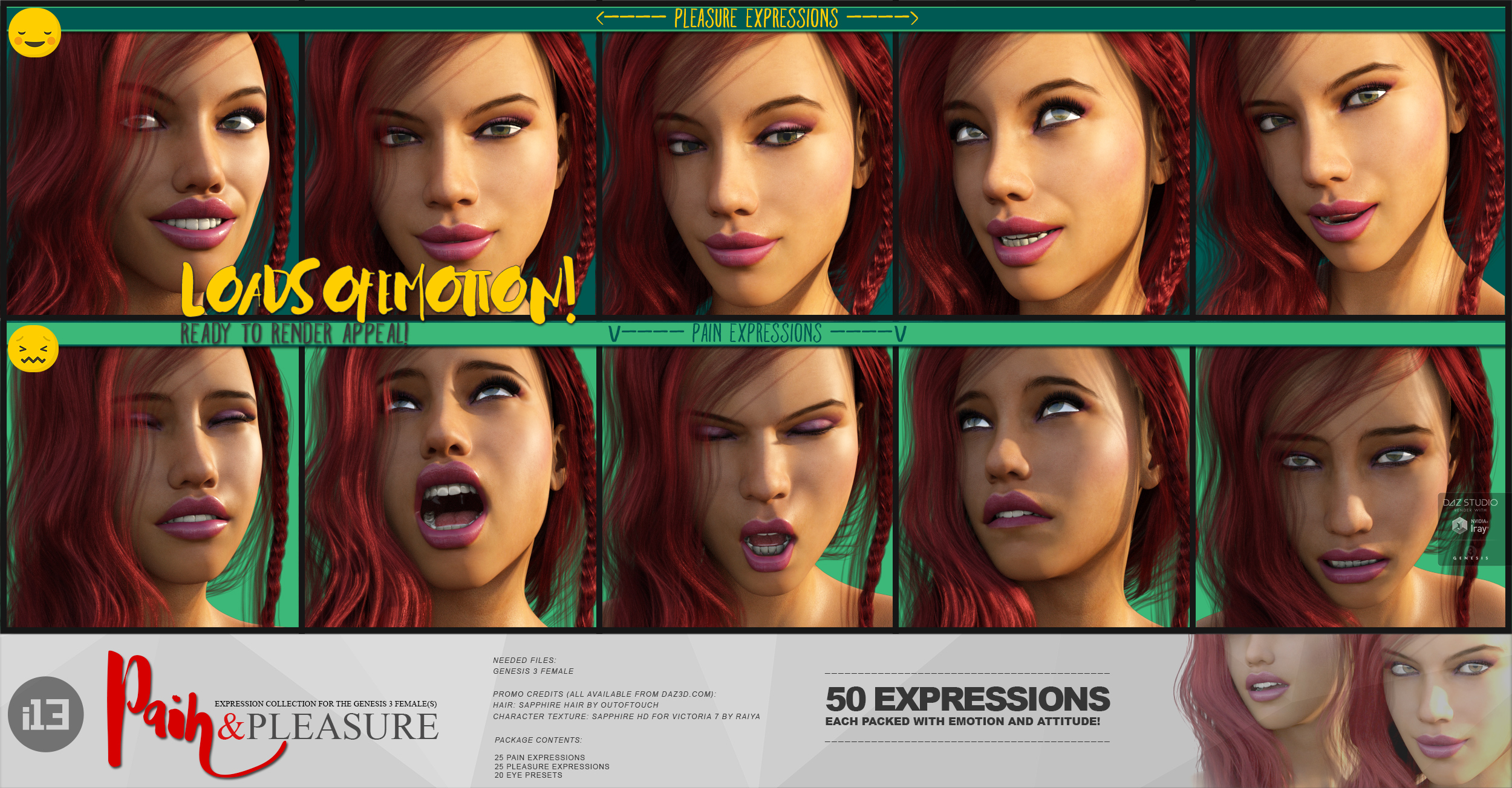 i13 Pain and Pleasure Expressions for the Genesis 3 Female(s) i13 Pain and Pleasure Expressions for the Genesis 3 Female(s) by: ironman13, 3D Models by Daz 3D