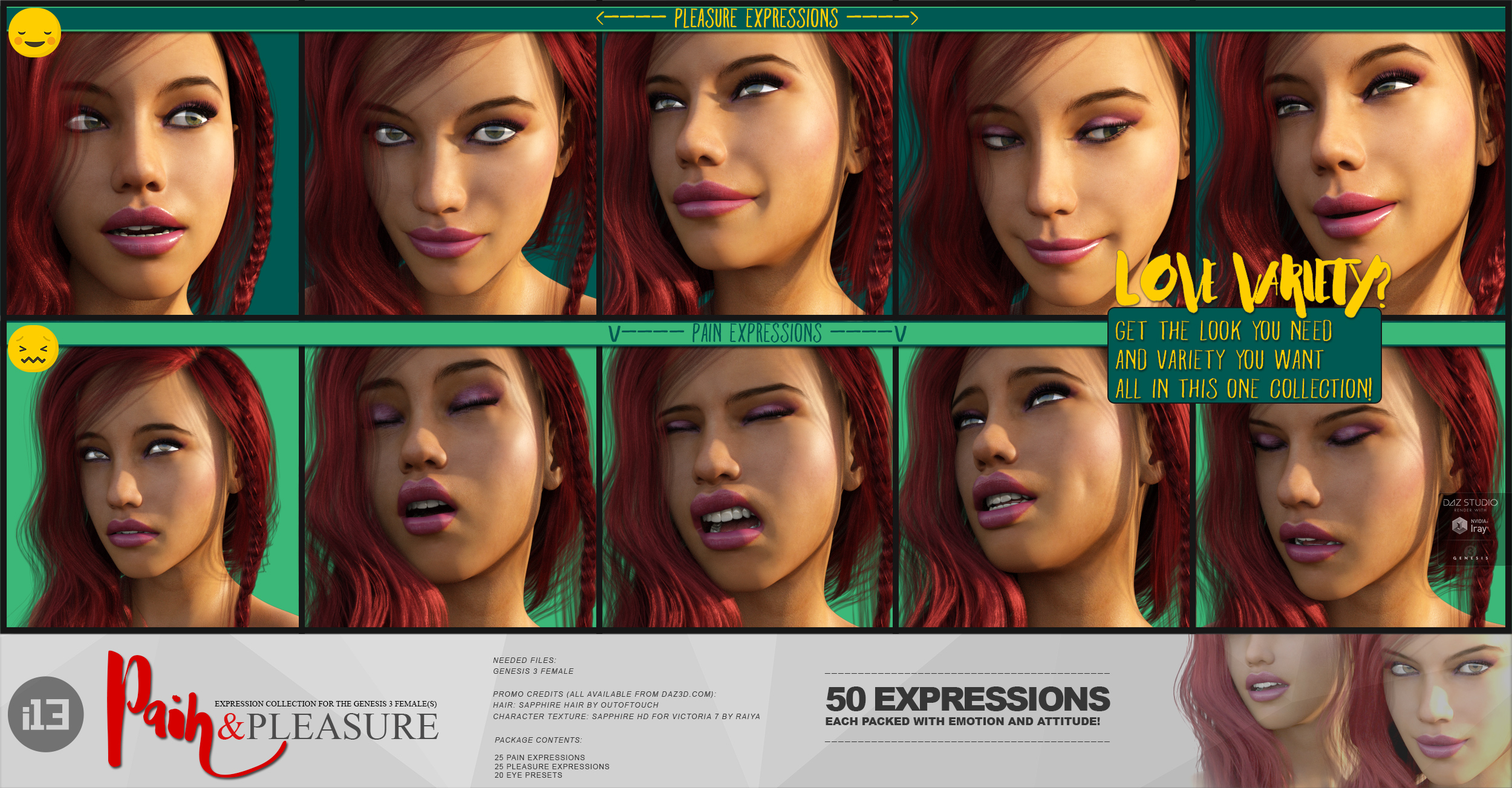 i13 Pain and Pleasure Expressions for the Genesis 3 Female(s) i13 Pain and Pleasure Expressions for the Genesis 3 Female(s) by: ironman13, 3D Models by Daz 3D